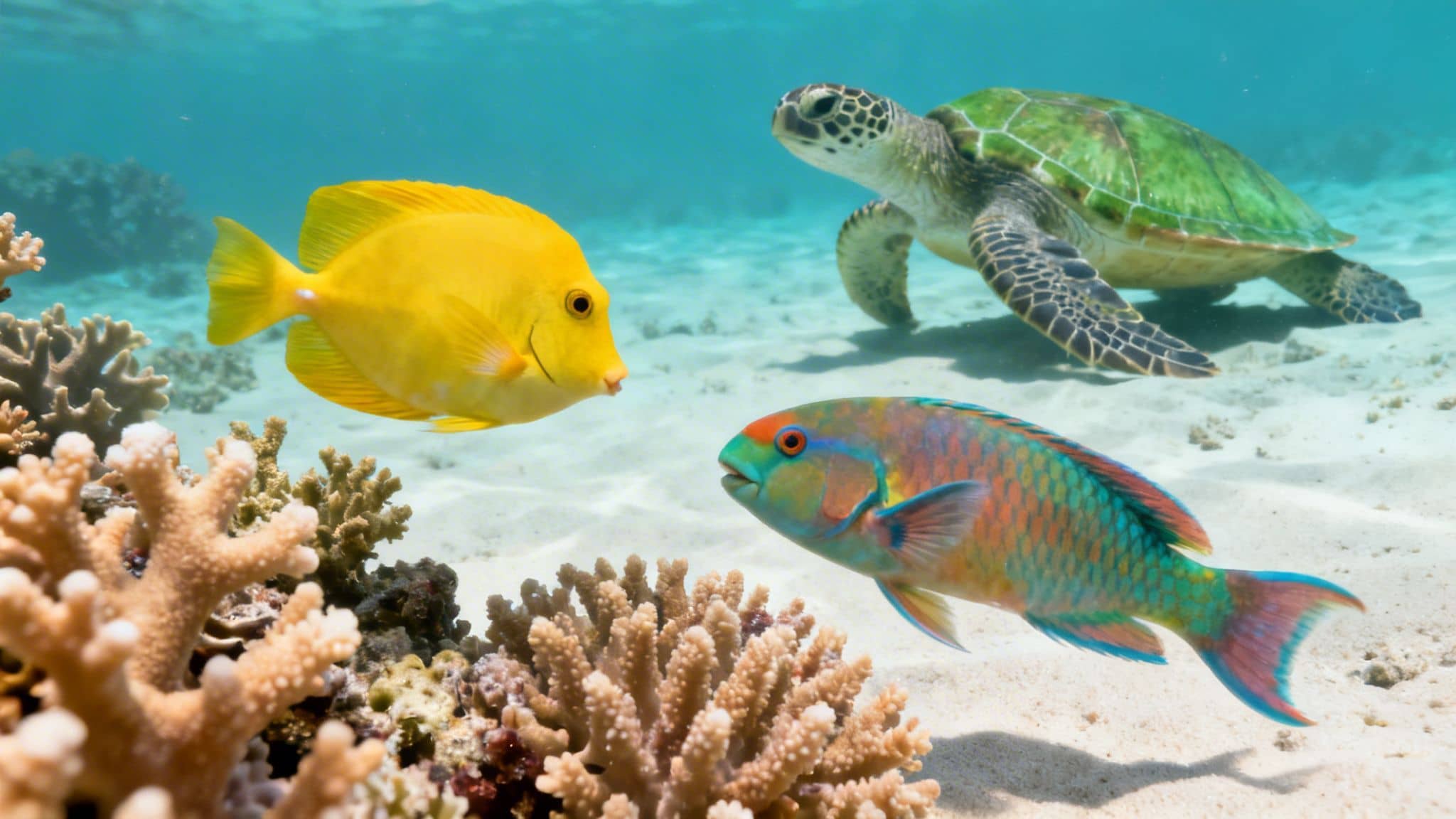 An underwater scene with a green sea turtle, yellow tang, and colorful parrotfish near coral.