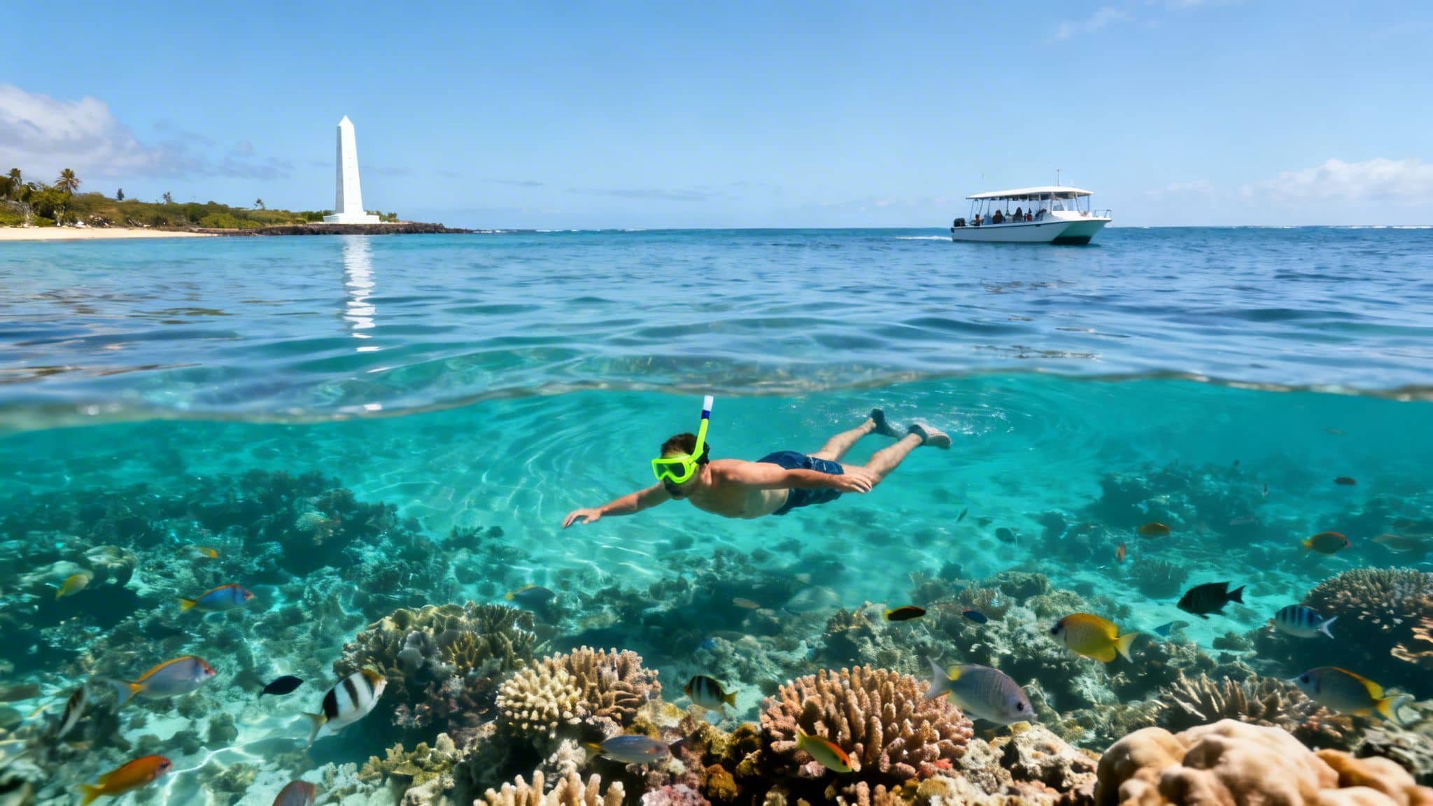 A split view of a man snorkeling in clear tropical water over a vibrant coral reef with fish.
