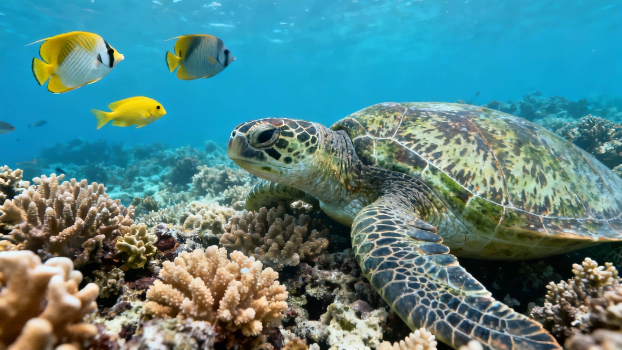 A majestic sea turtle gracefully glides over a vibrant coral reef, surrounded by tropical fish.