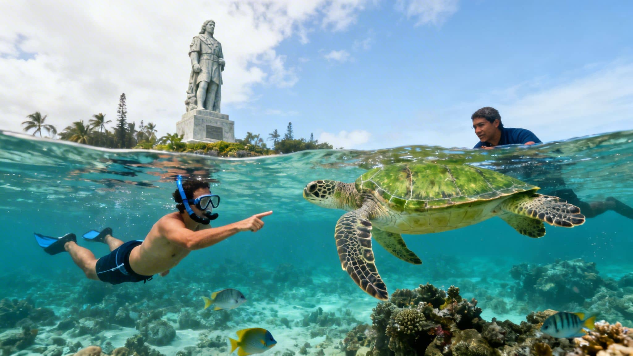 A snorkeler points at a sea turtle while another man watches, with an island and statue above water.