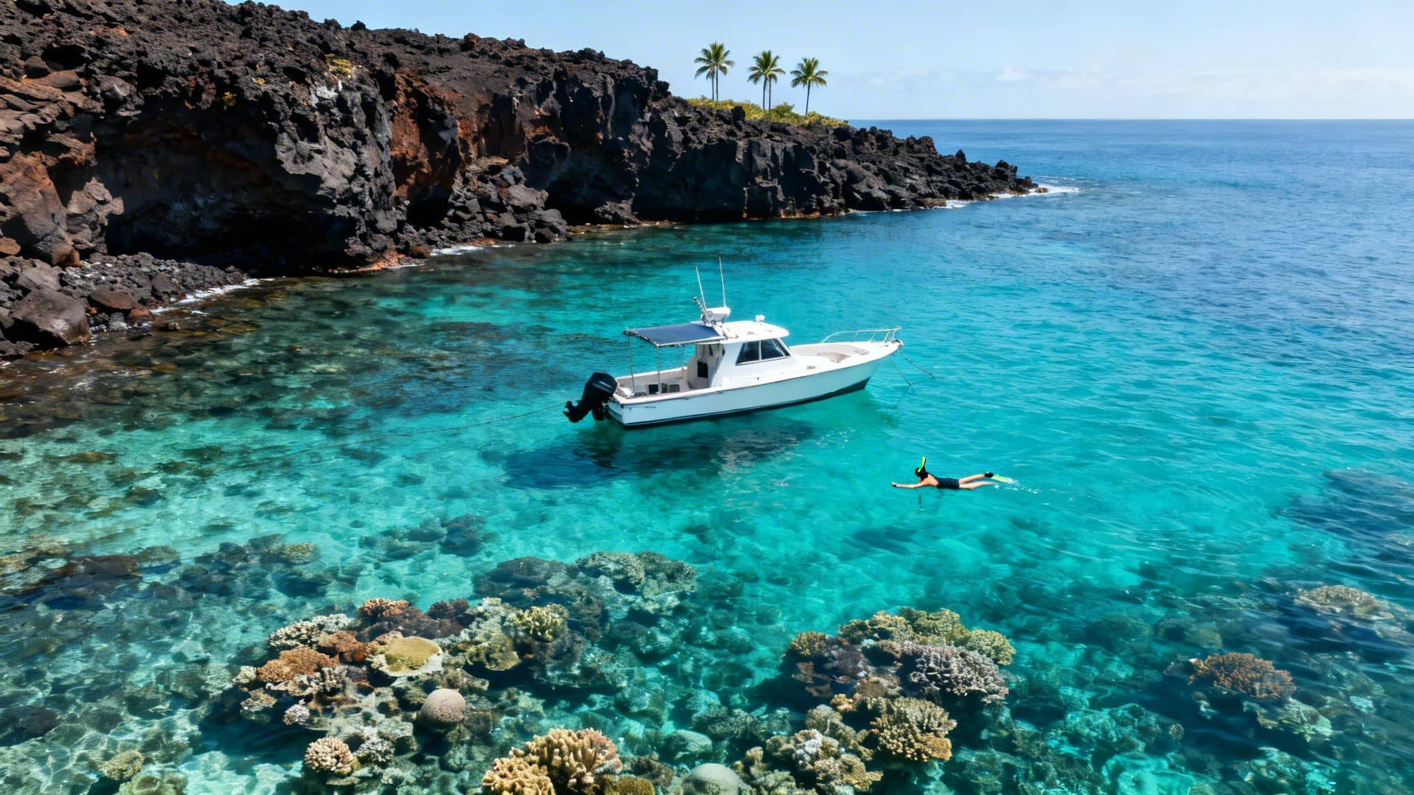 An aerial view of a person snorkeling near a boat over vibrant coral reefs by a rocky coast.