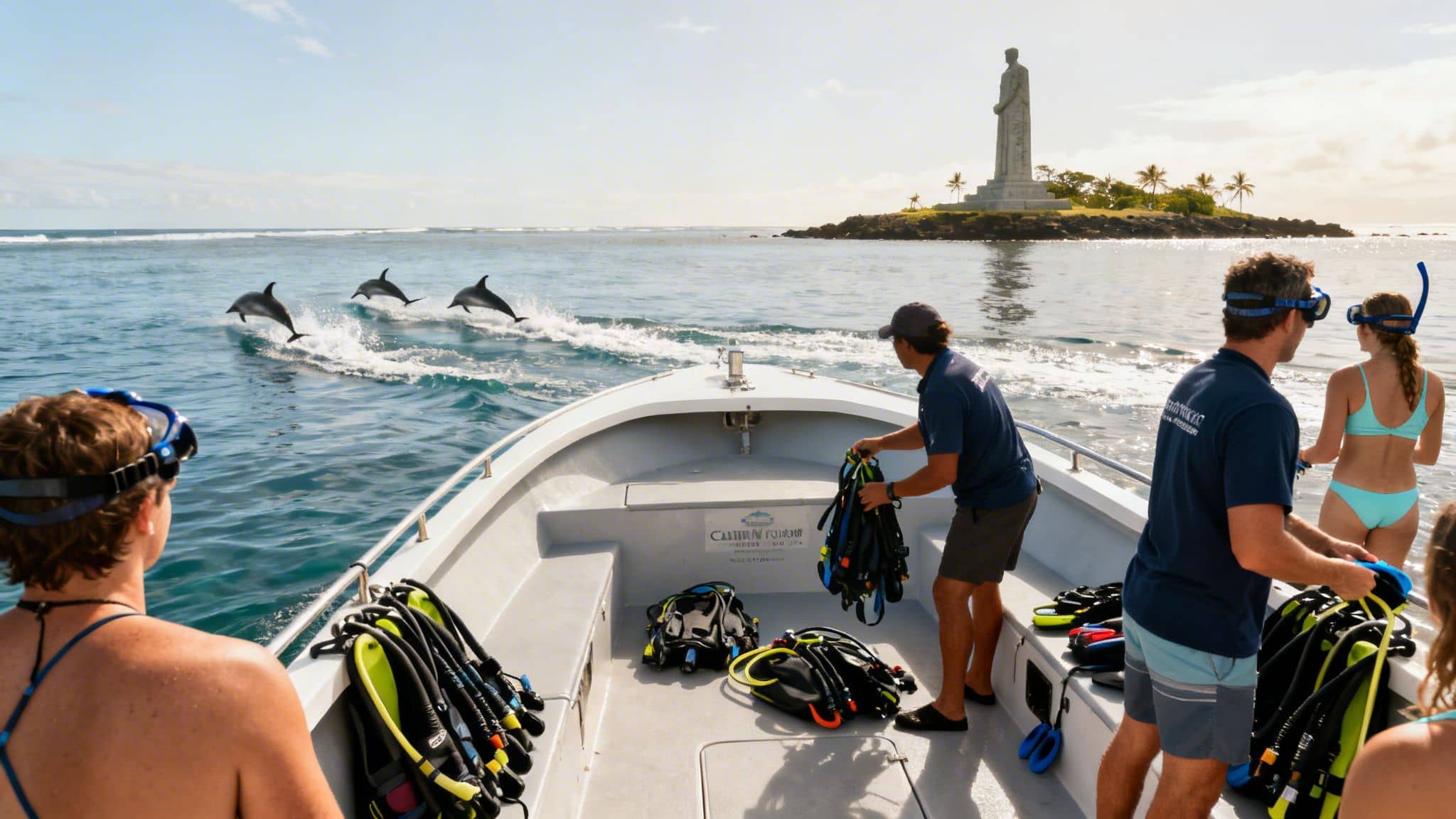 Tourists on a boat with dive gear watch three dolphins jump out of the water near an island.