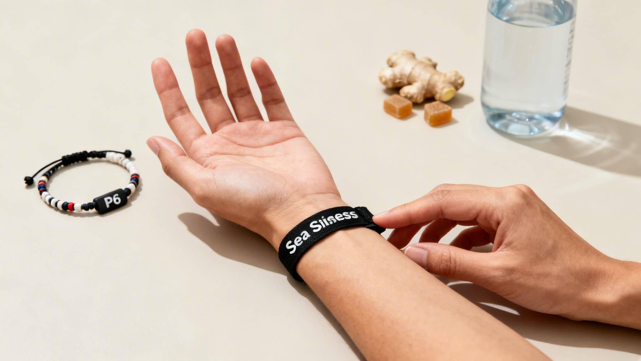 A person's hands adjusting a 'Sea Sickness' wristband, with a P6 bracelet, ginger, and water.