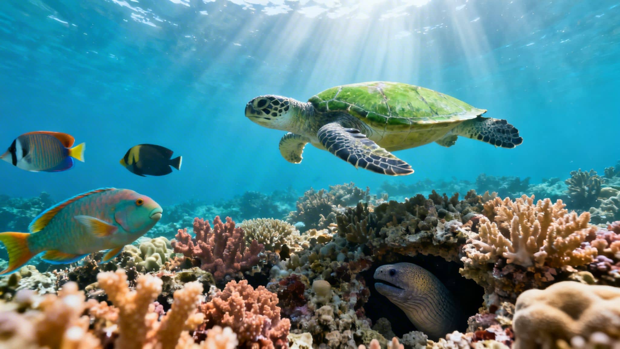 A vibrant underwater scene with a green sea turtle, colorful fish, and a moray eel in a coral reef.