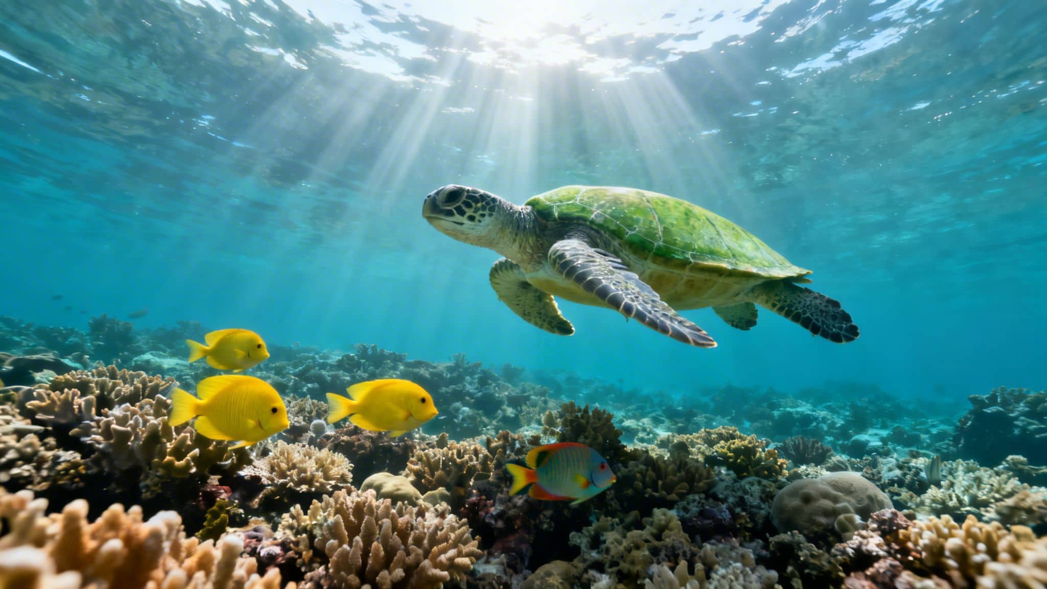 Green sea turtle swims over a vibrant coral reef with schooling yellow fish and sunbeams.