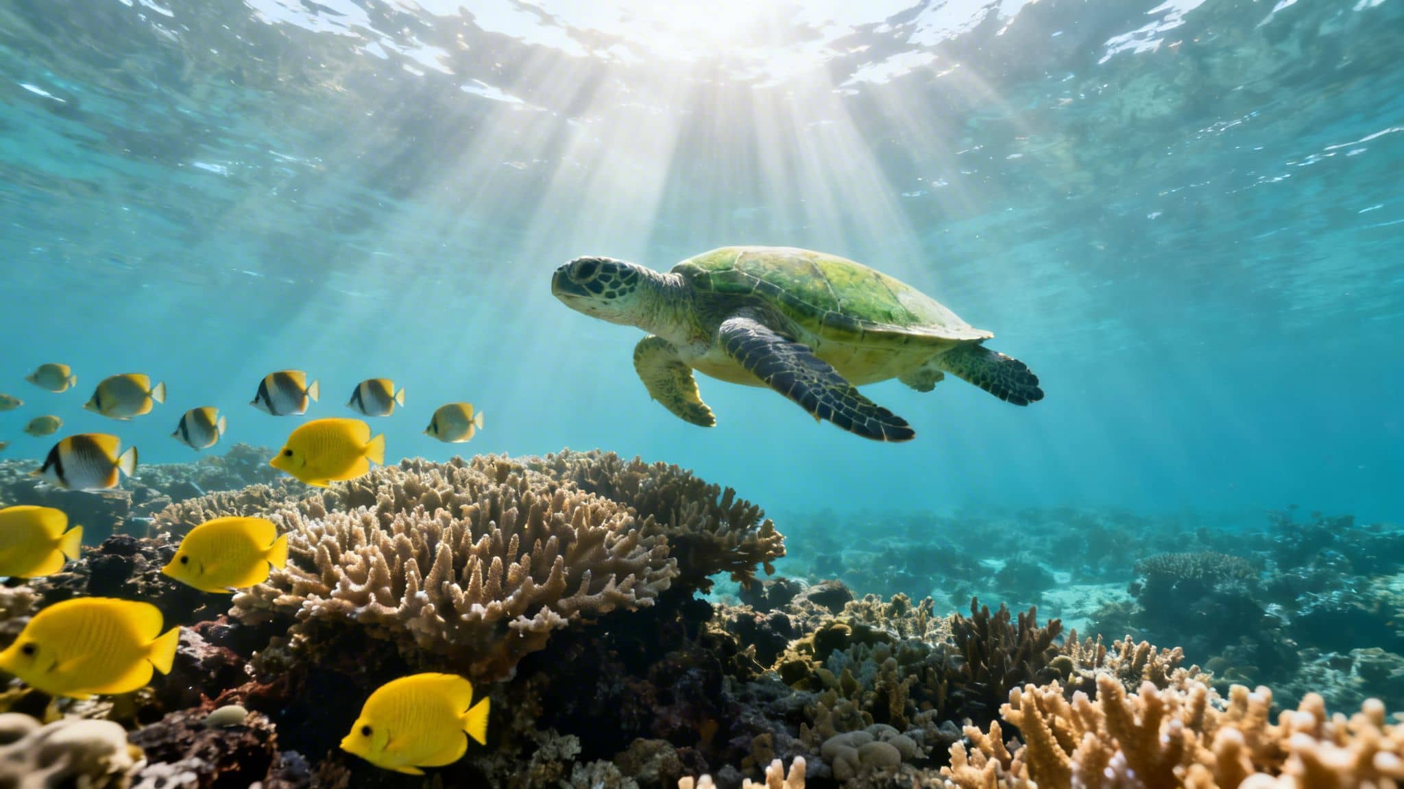 A magnificent sea turtle swims above a colorful coral reef with bright yellow fish under sunlit water.