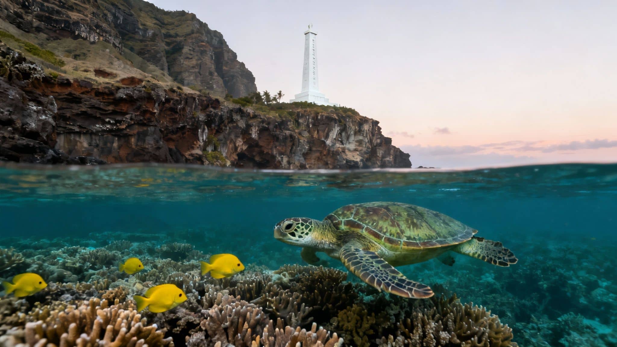 A split view showing a sea turtle and yellow fish underwater, and a coastal cliff with a lighthouse at sunset.