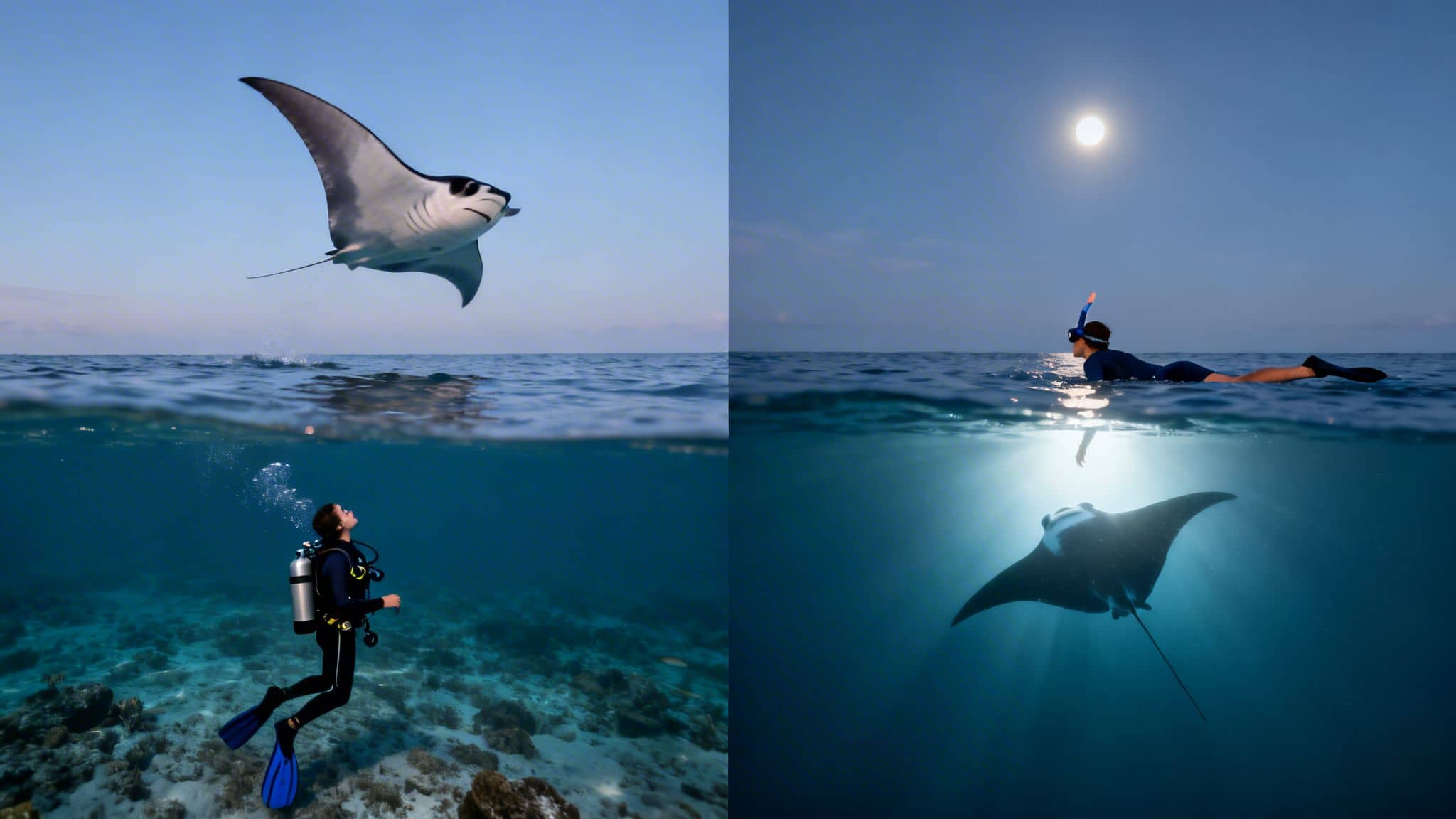 Stunning collage of divers and snorkelers interacting with majestic manta rays above and below the ocean.