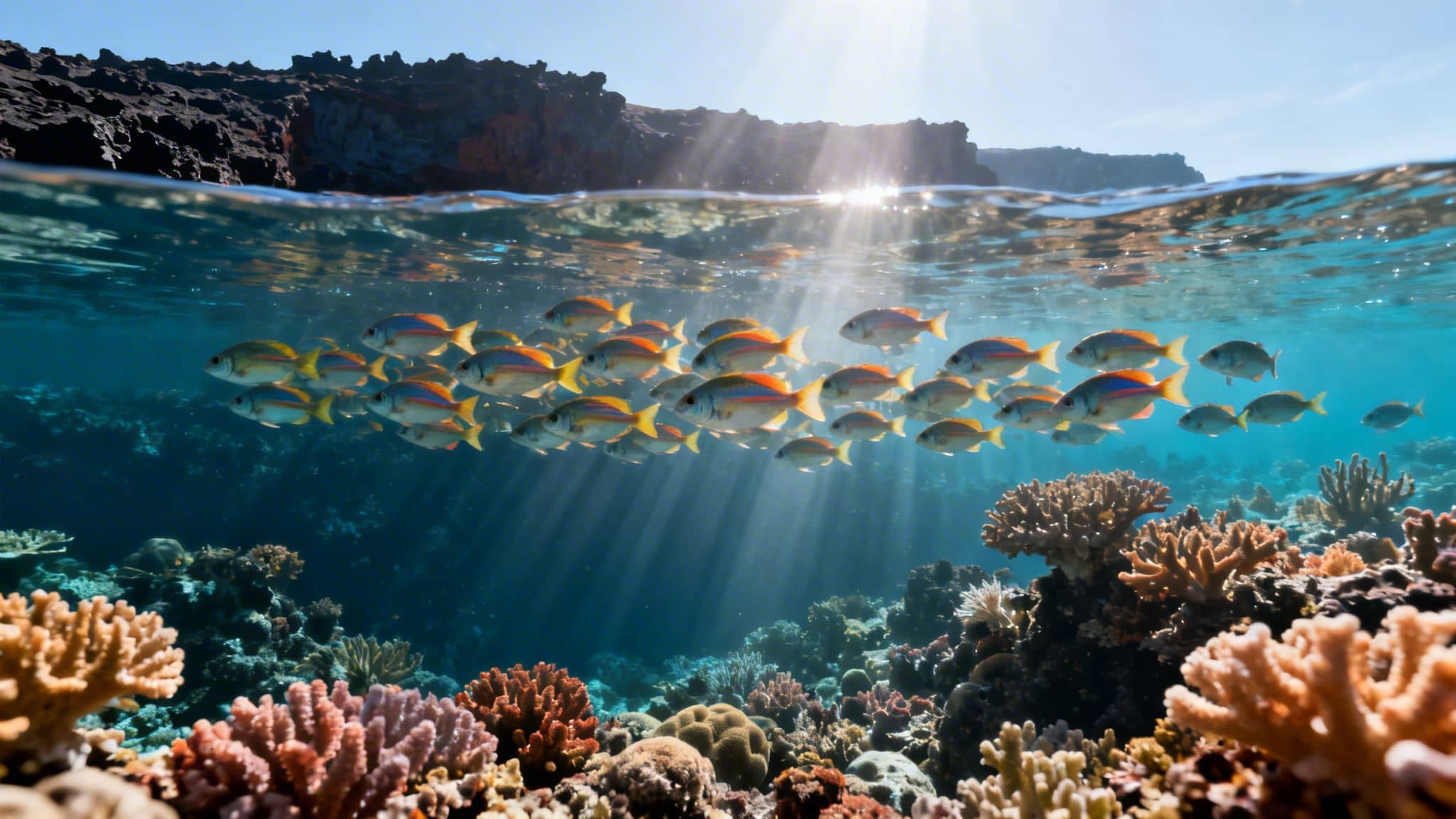 A stunning split-level view of colorful fish schooling over a vibrant coral reef, with sun rays piercing the water.
