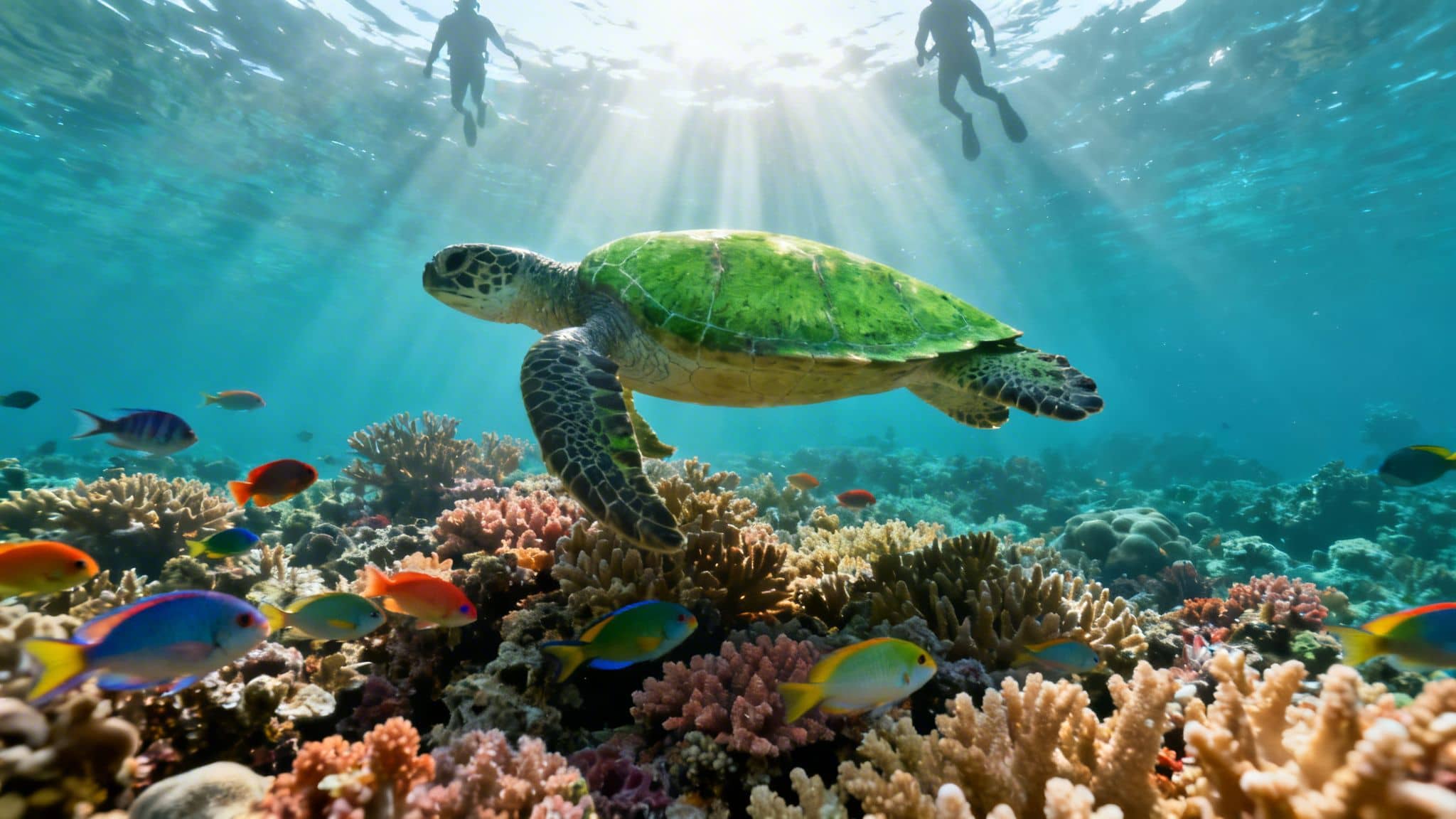 A majestic green sea turtle swims over a vibrant coral reef with colorful fish and snorkelers.