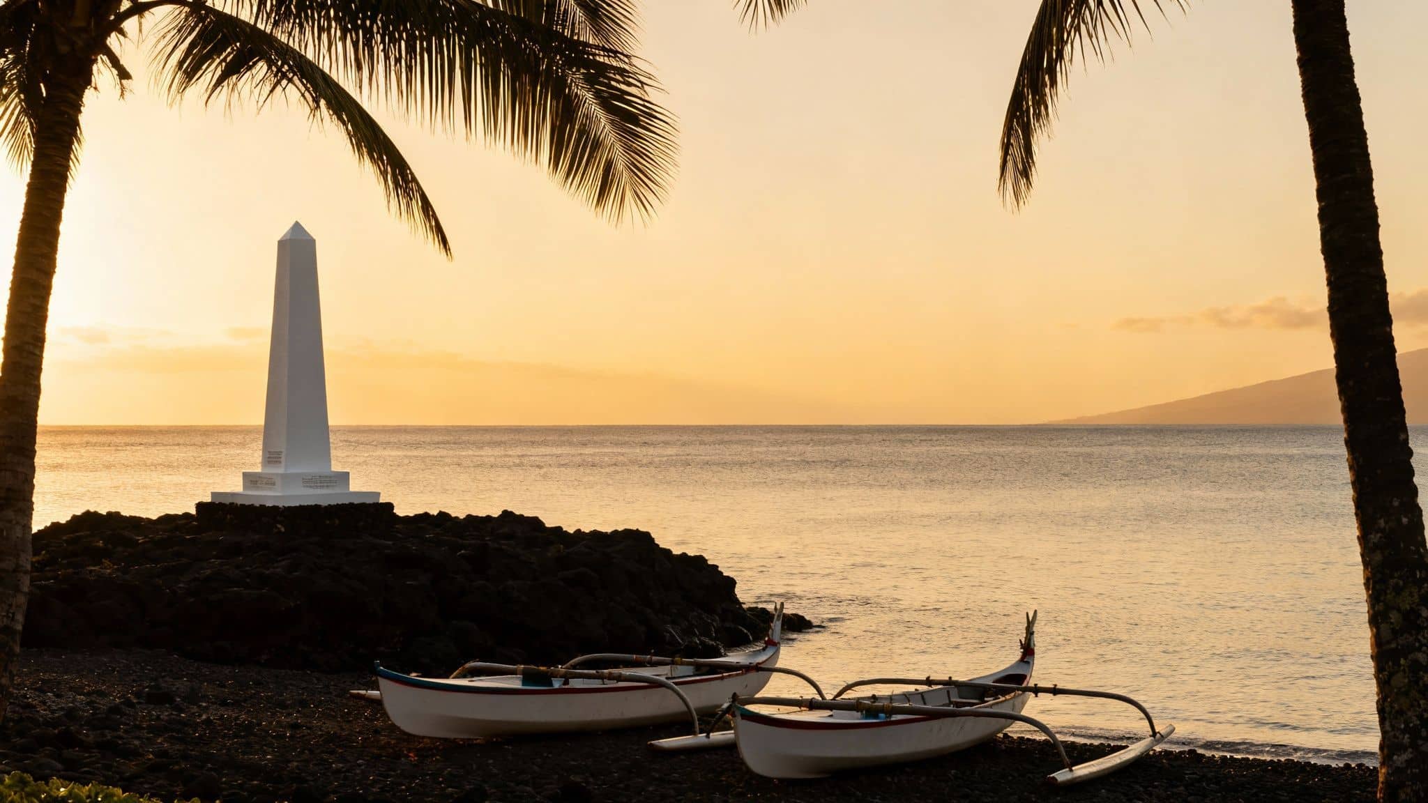 Sunrise over Kealakekua Bay with Captain Cook Monument, two canoes, and palm trees.