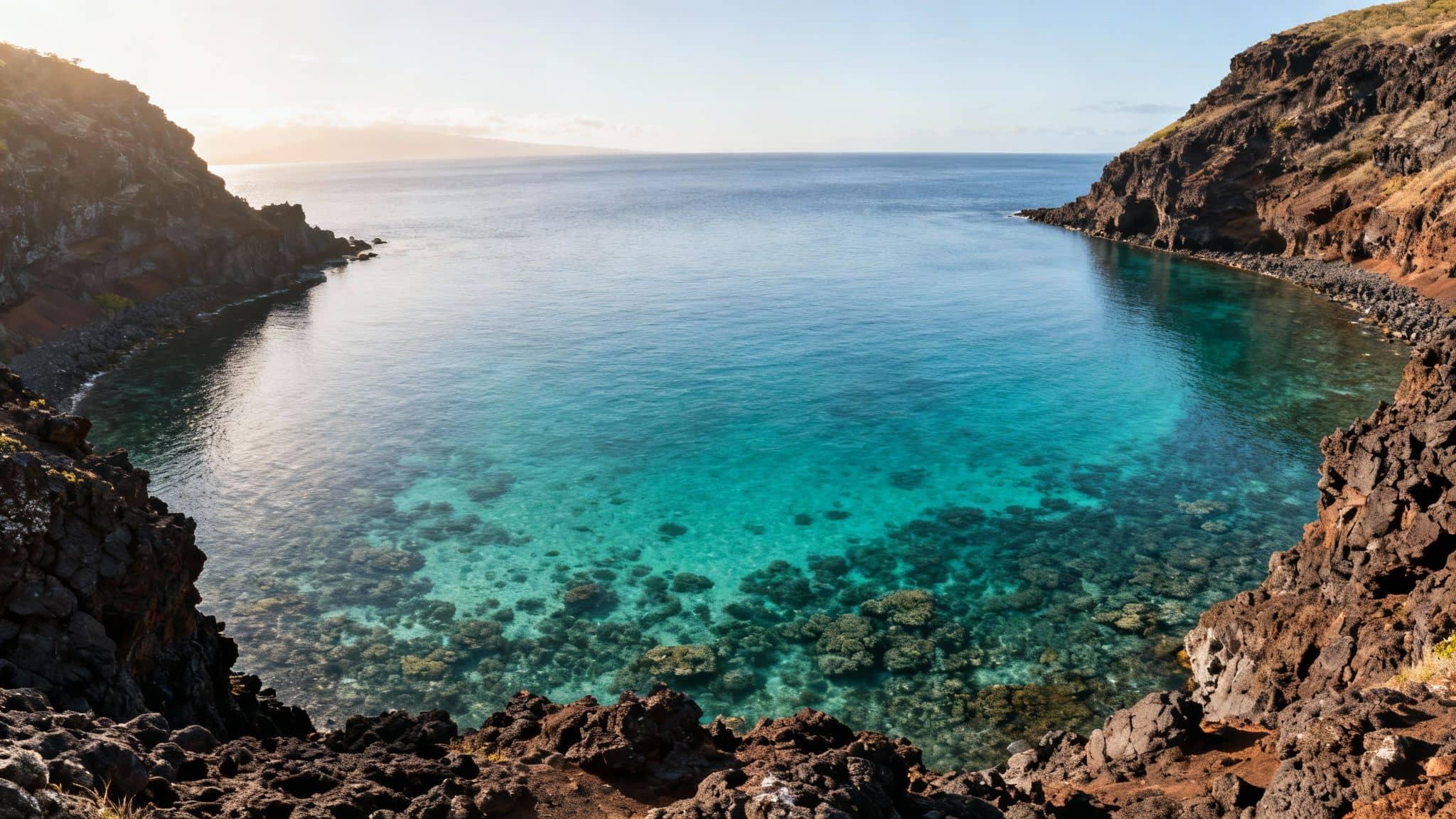 A beautiful clear turquoise bay surrounded by dark volcanic cliffs with visible underwater coral.