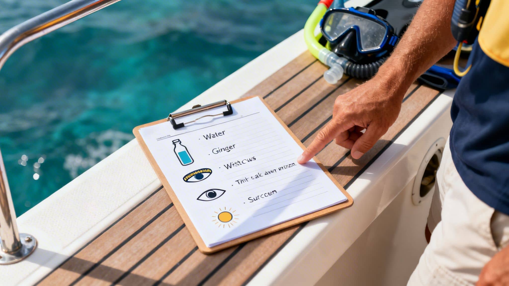 A hand points at a seasickness remedy checklist on a boat deck, next to snorkeling gear and blue water.
