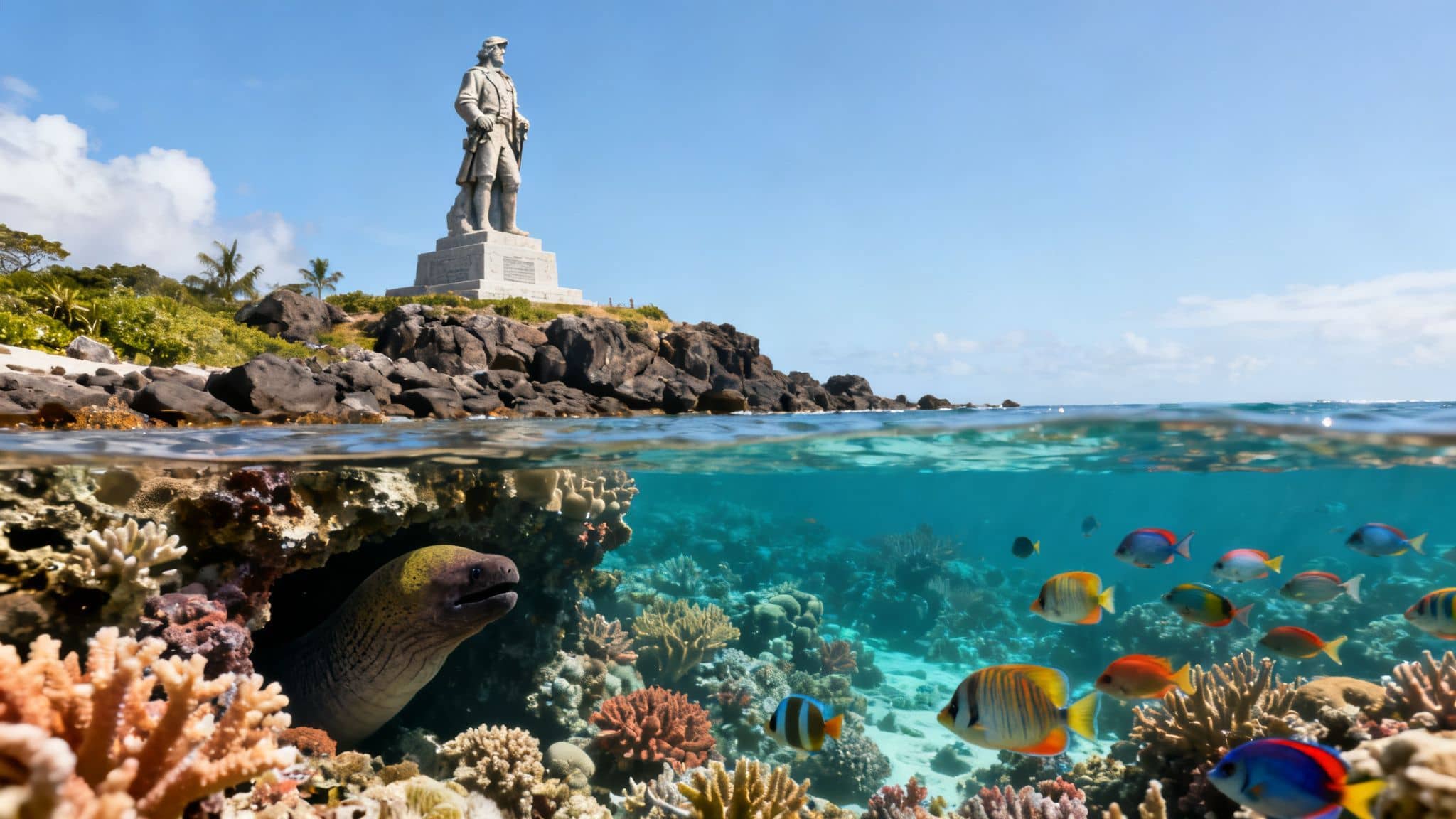 Split shot: Captain Cook statue on an island shore, vibrant coral reef with fish and a moray eel underwater.
