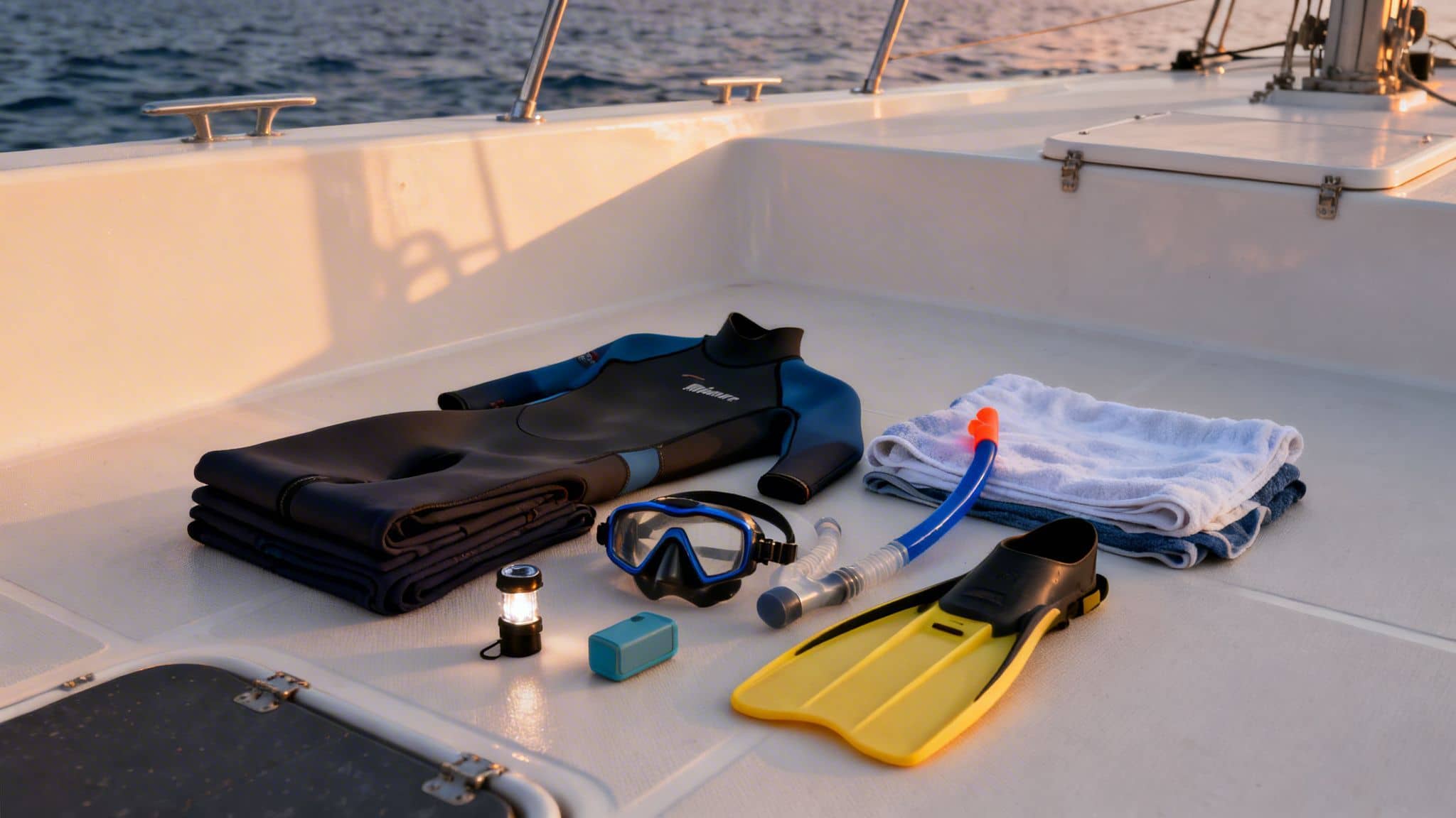 Various snorkeling and diving equipment, such as a wetsuit, mask, and fins, arranged on a boat deck at sunset.