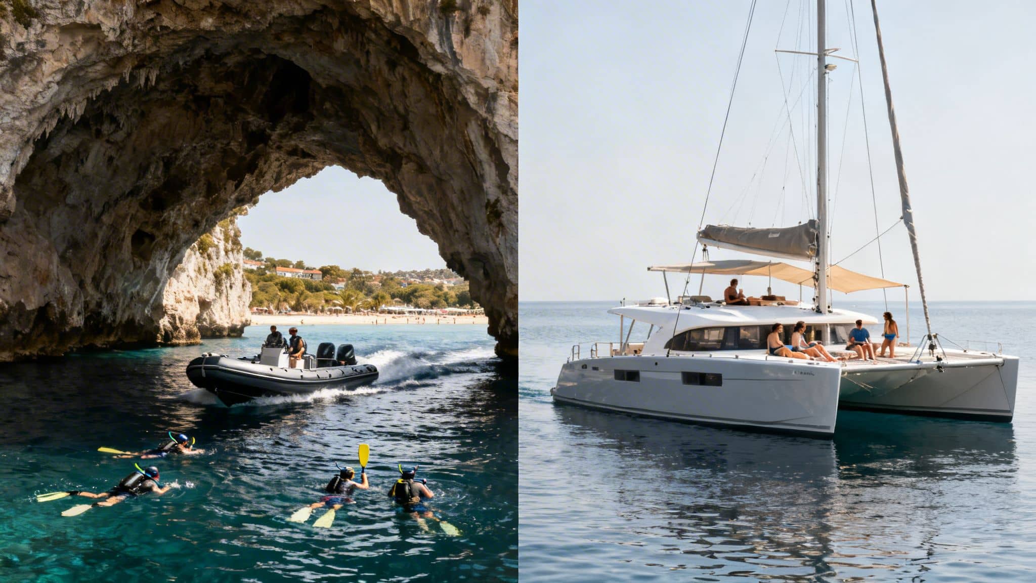 Diverse water activities: snorkeling near a cave and a boat, alongside a catamaran full of sunbathers.
