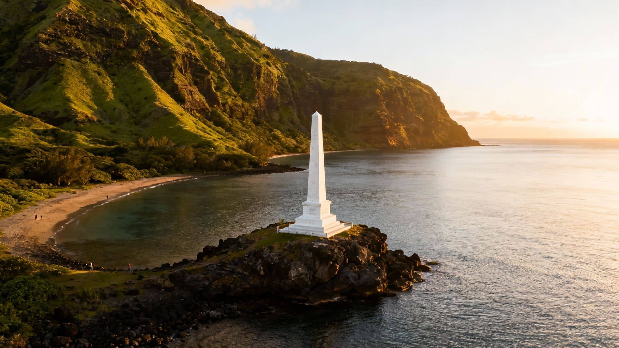 Aerial view of a white obelisk monument at Captain Cook Bay, Hawaii, at sunset.