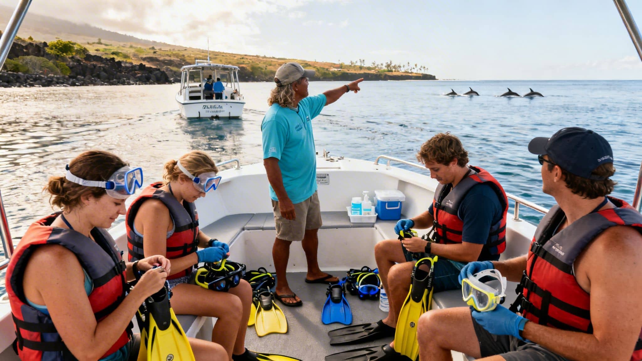 People on a boat with a guide pointing at dolphins swimming in the ocean near a coast.