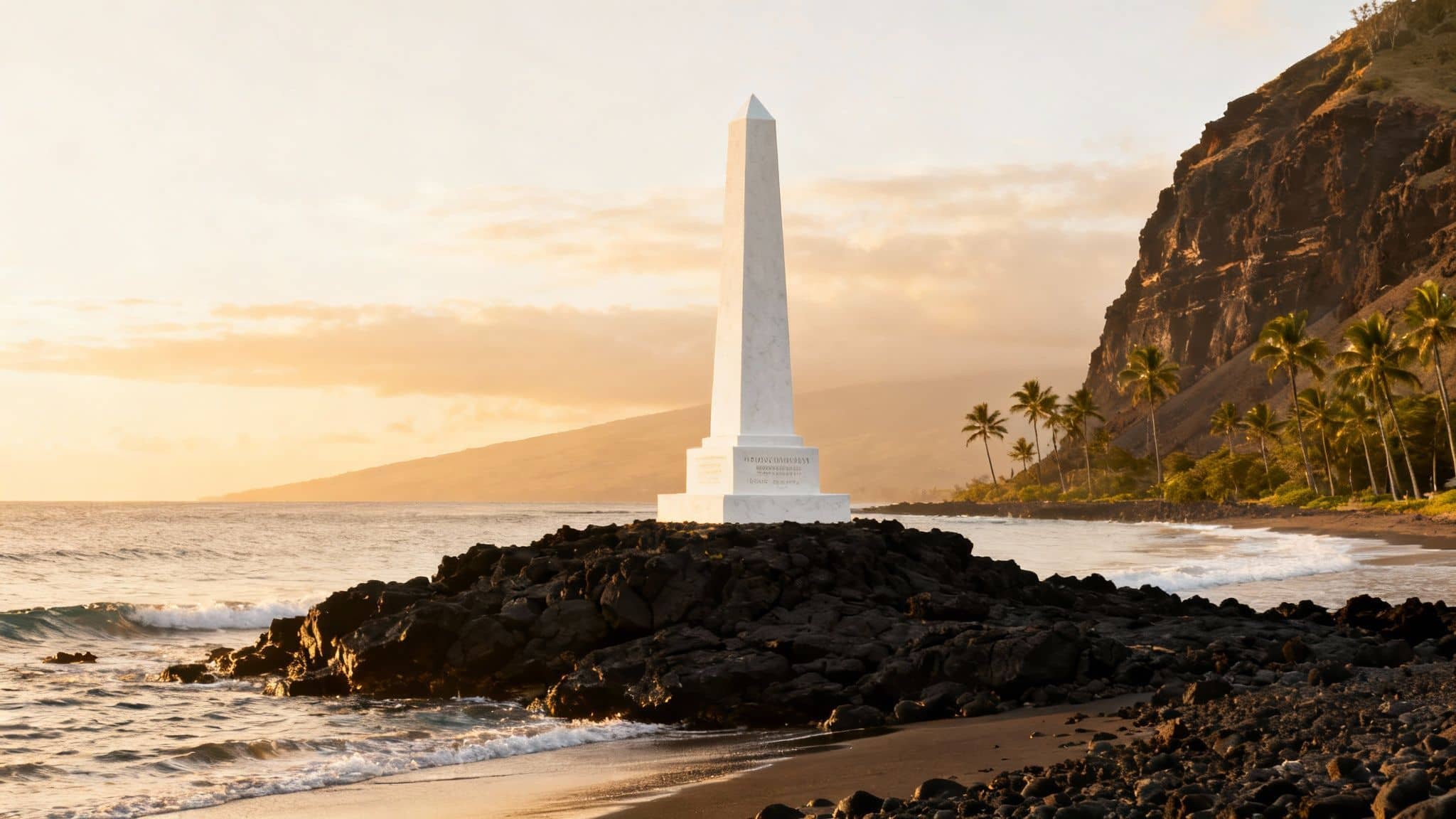 White Captain Cook Monument obelisk stands on a rocky Hawaiian coast at sunrise.
