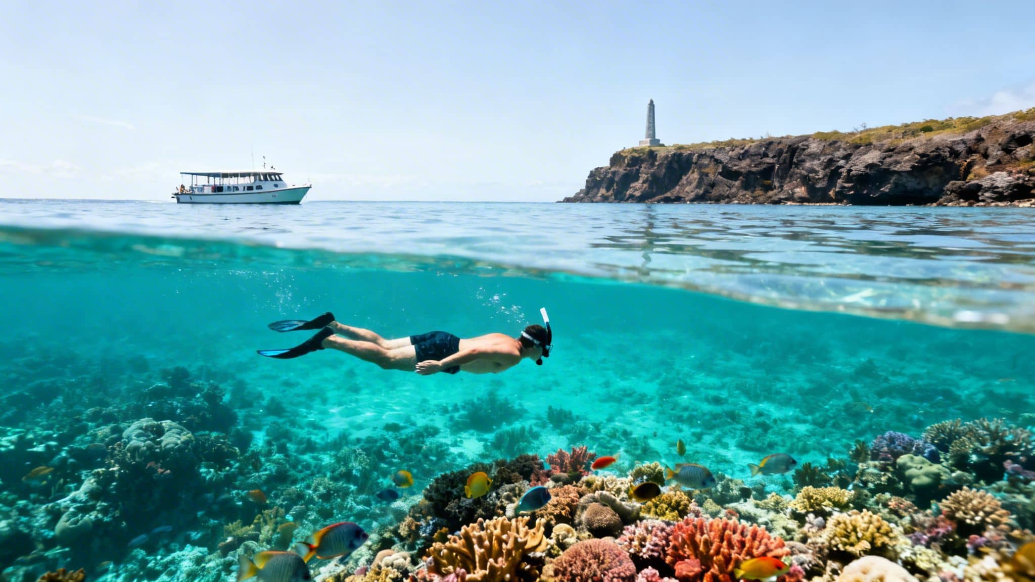 Split-level shot of a snorkeler exploring colorful coral reefs, with a boat and lighthouse on the horizon.