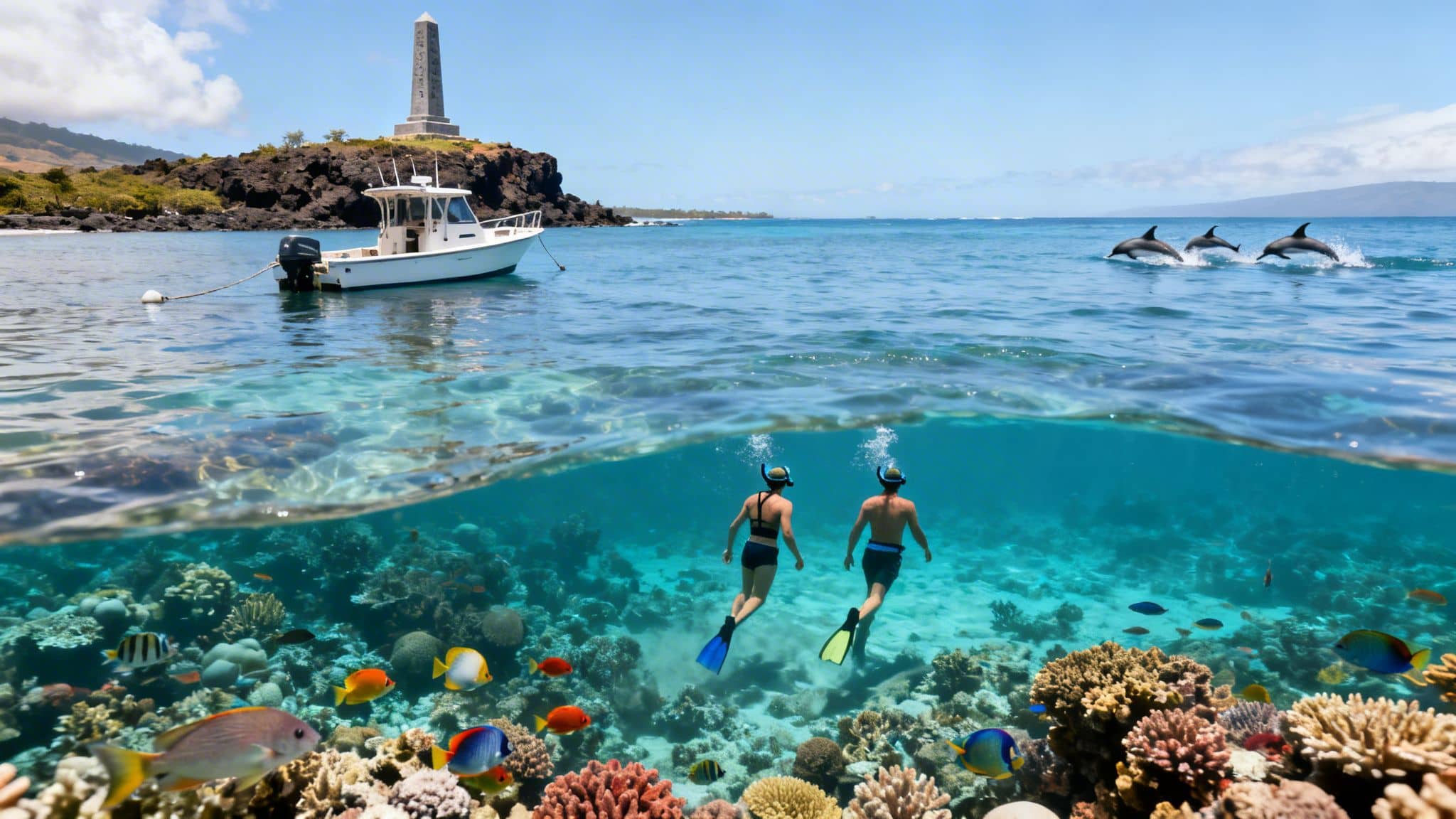 Split image of snorkeling, coral reef, boat, island monument, and jumping dolphins.
