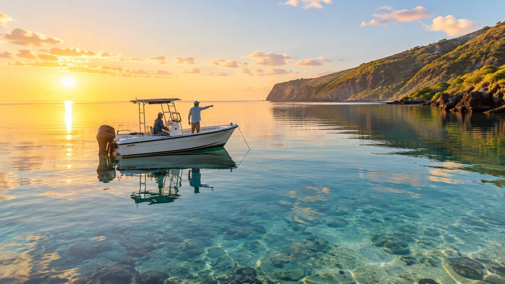 Two people on a boat in clear tropical waters near rocky cliffs during a golden sunset.