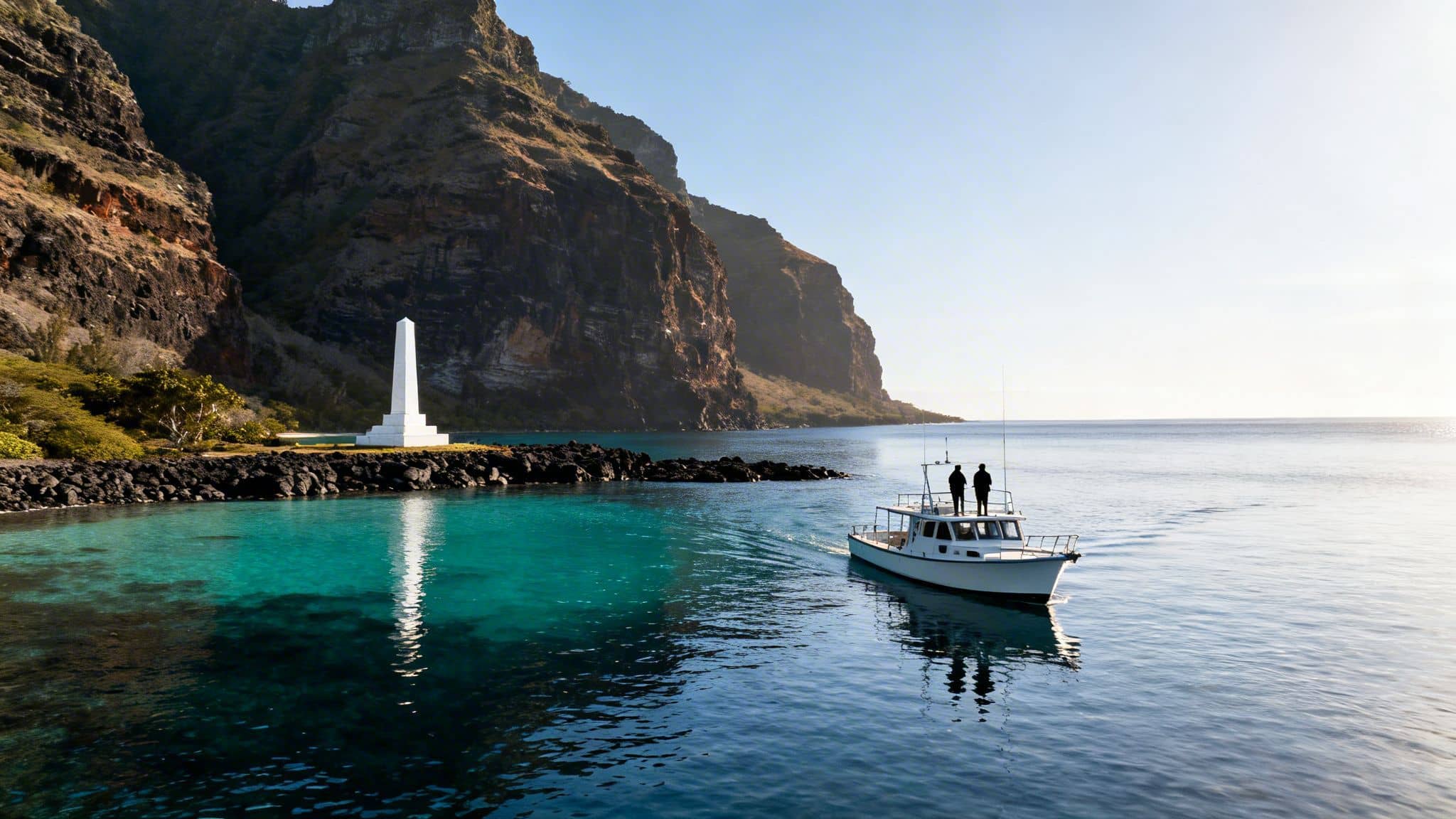 A white boat with two people sails on turquoise water past a white obelisk and towering cliffs.
