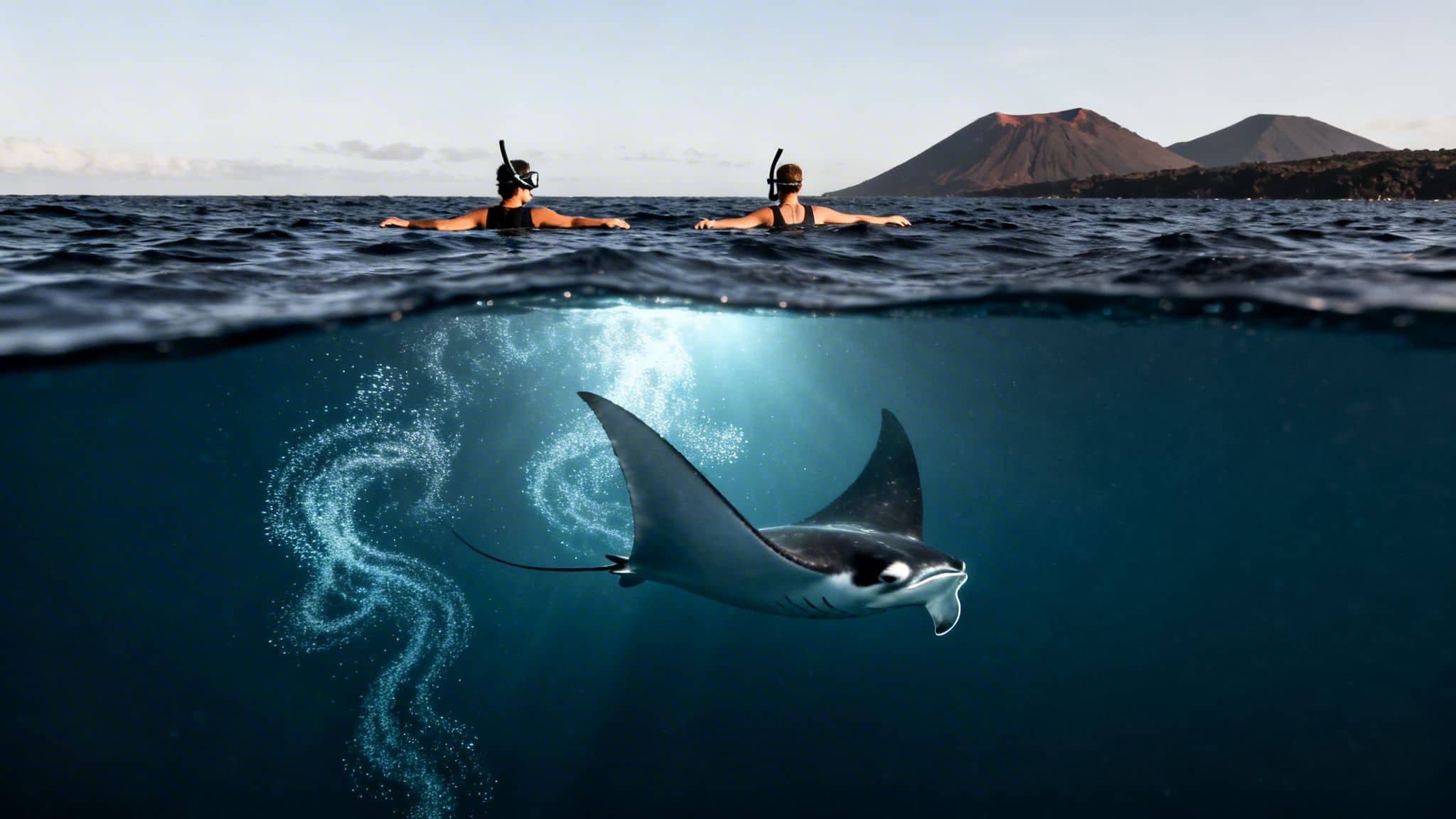 Two snorkelers float above a graceful manta ray swimming underwater near a volcanic island.