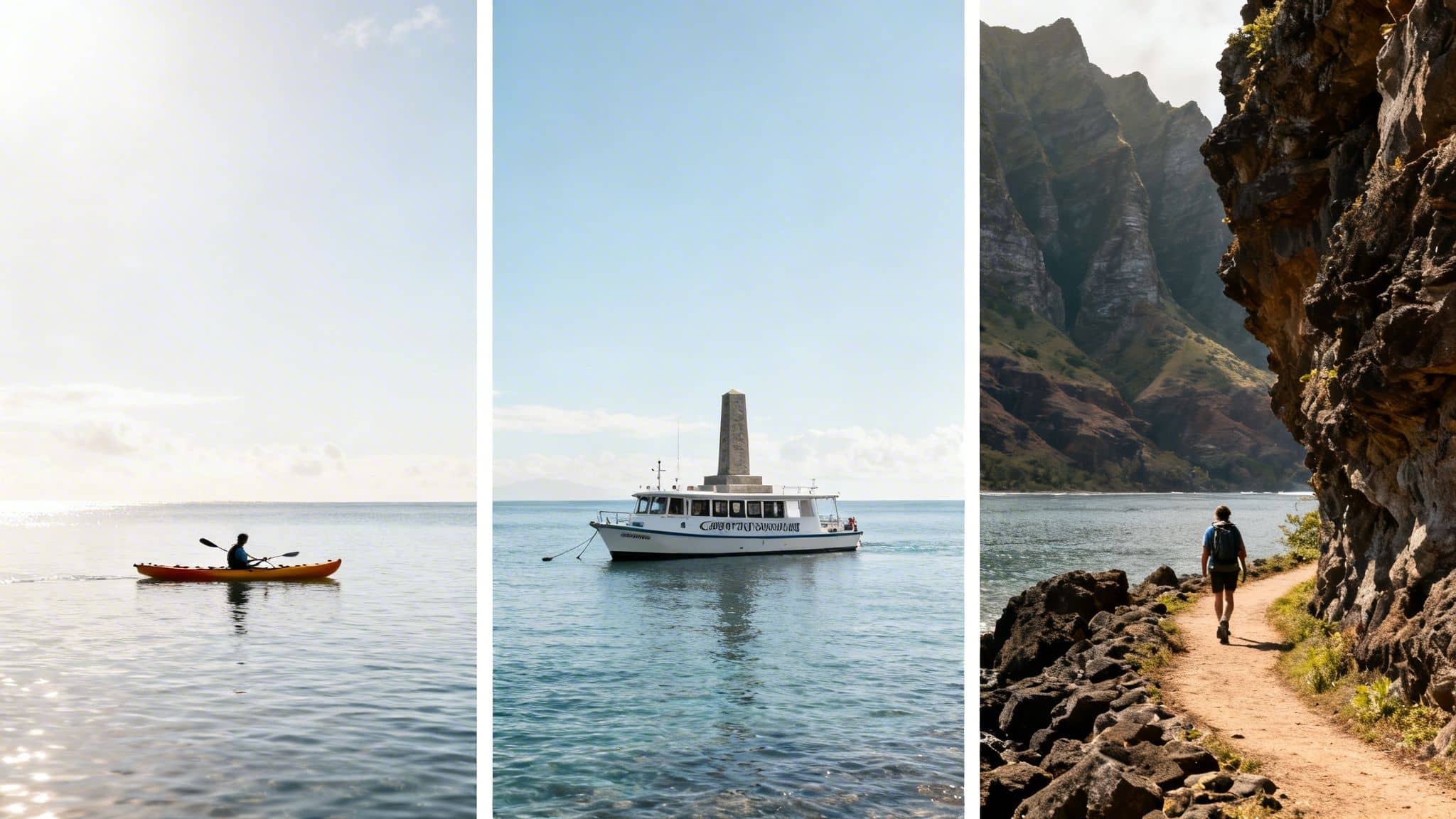 Three panels show water activities: a kayaker, a tour boat near a monument, and a hiker on a scenic coastal trail with mountains.