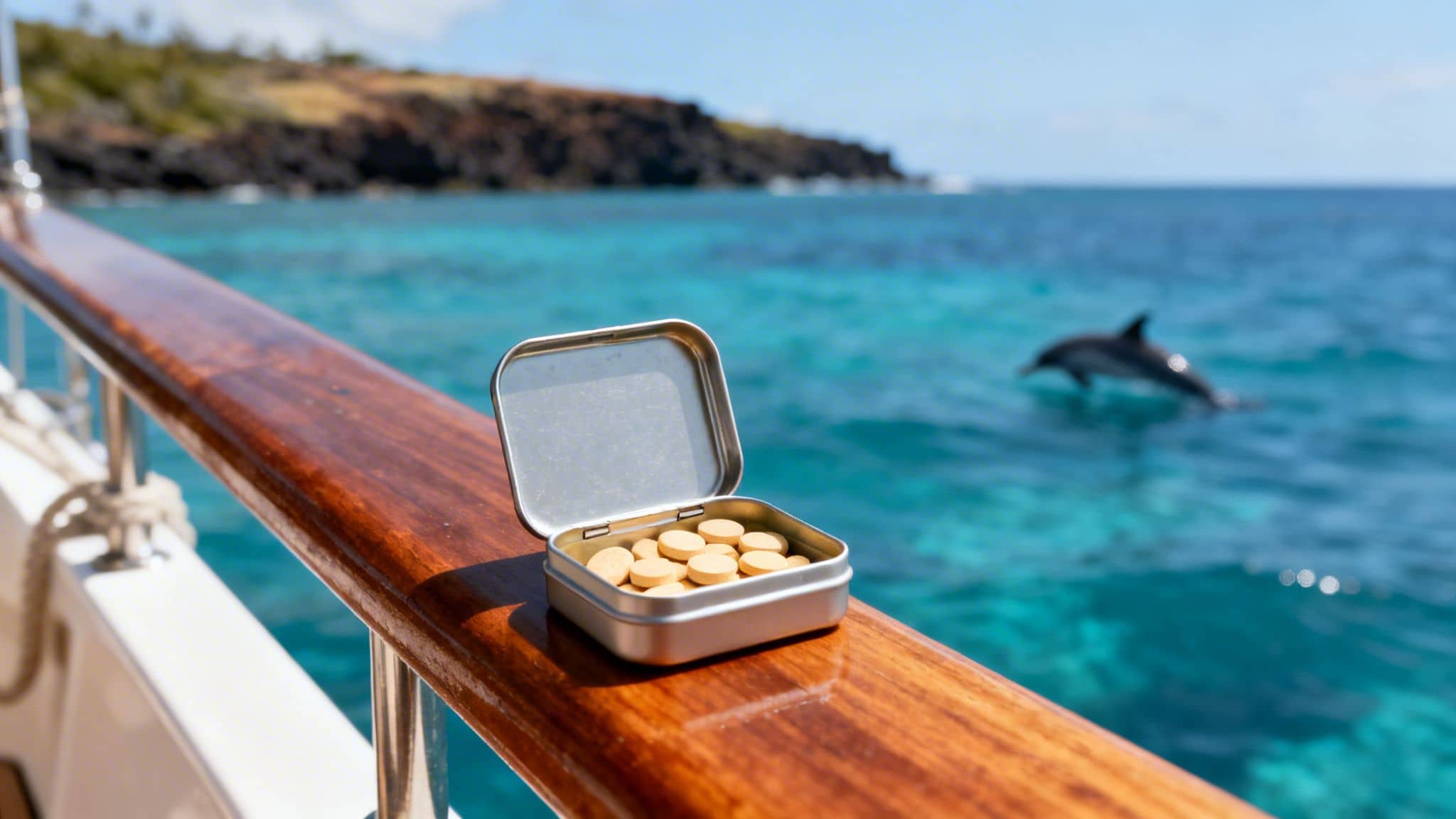 Ginger tablets in an open tin on a boat railing with a dolphin jumping in the clear ocean.