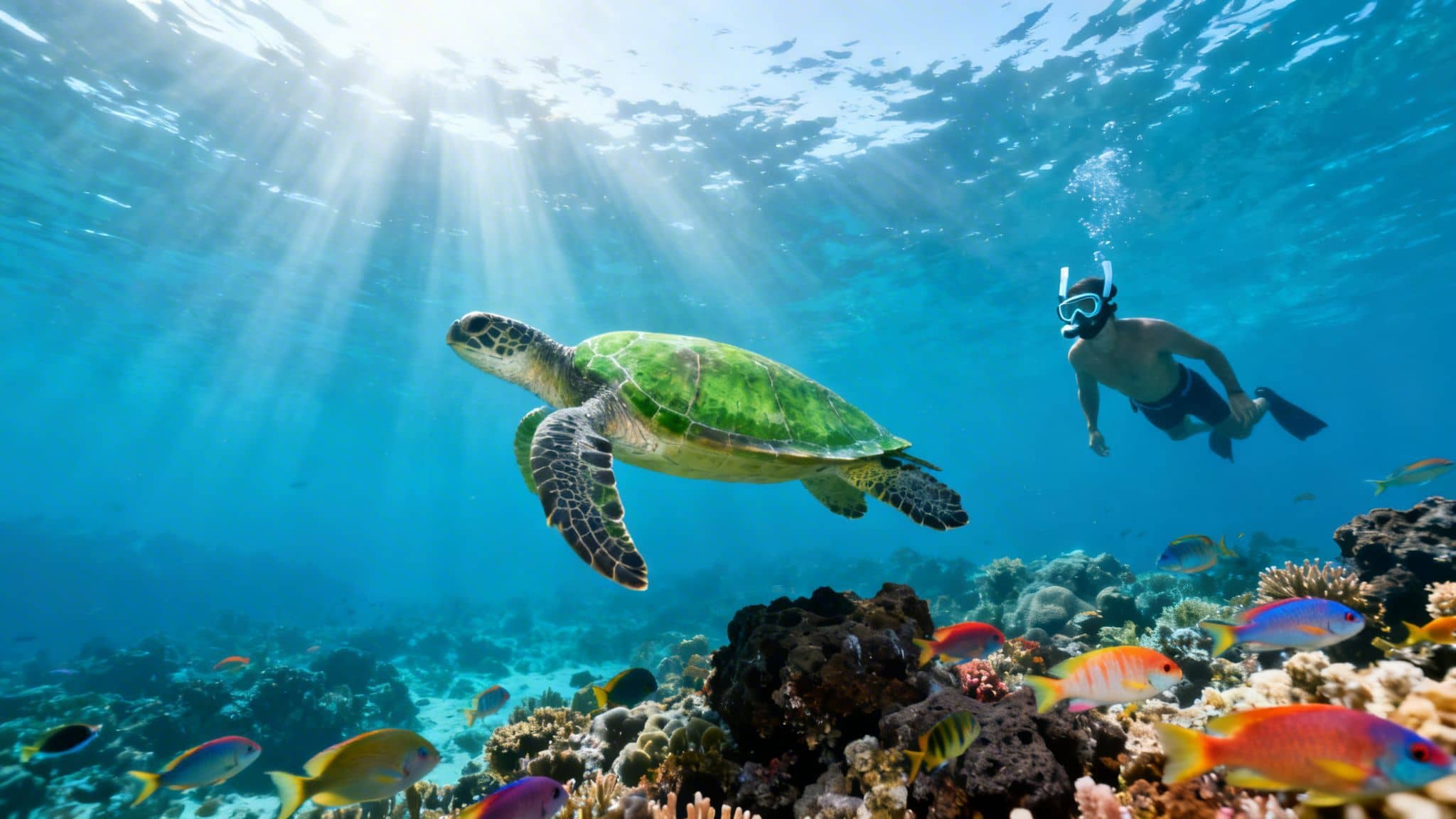 A snorkeler swims near a large green sea turtle amidst colorful fish and a vibrant coral reef.