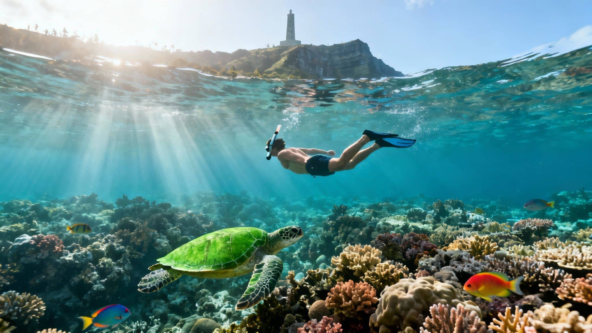 Person snorkeling with a sea turtle and colorful fish in a vibrant coral reef, with a lighthouse island in the background.