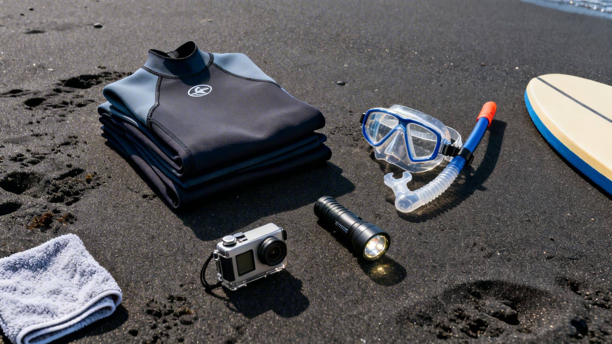 A wetsuit, dive mask, snorkel, action camera, dive light, towel, and surfboard lay on black sand.