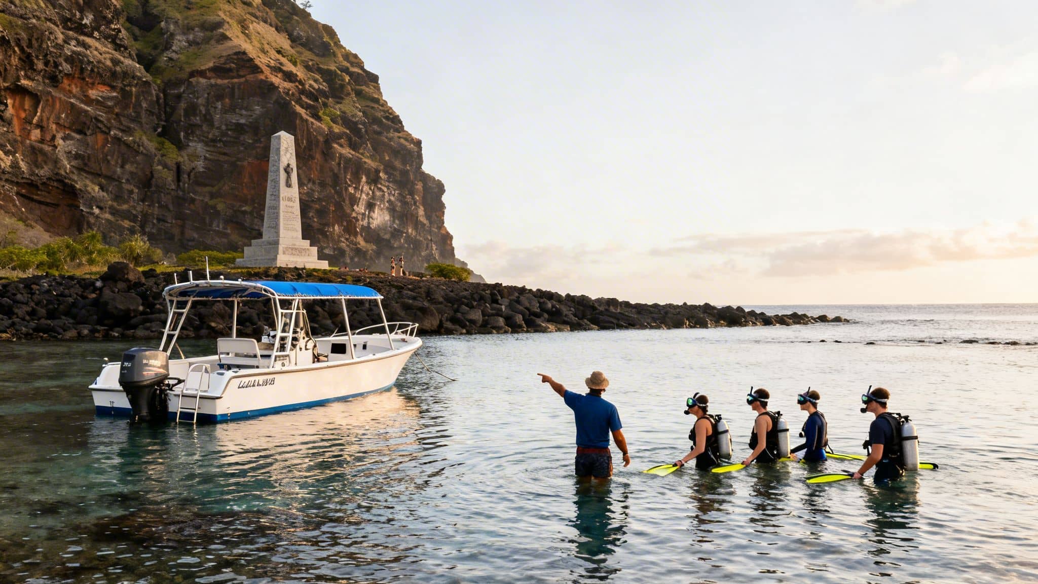 A guide leads a group of snorkelers into clear ocean water with a boat and historic monument nearby.
