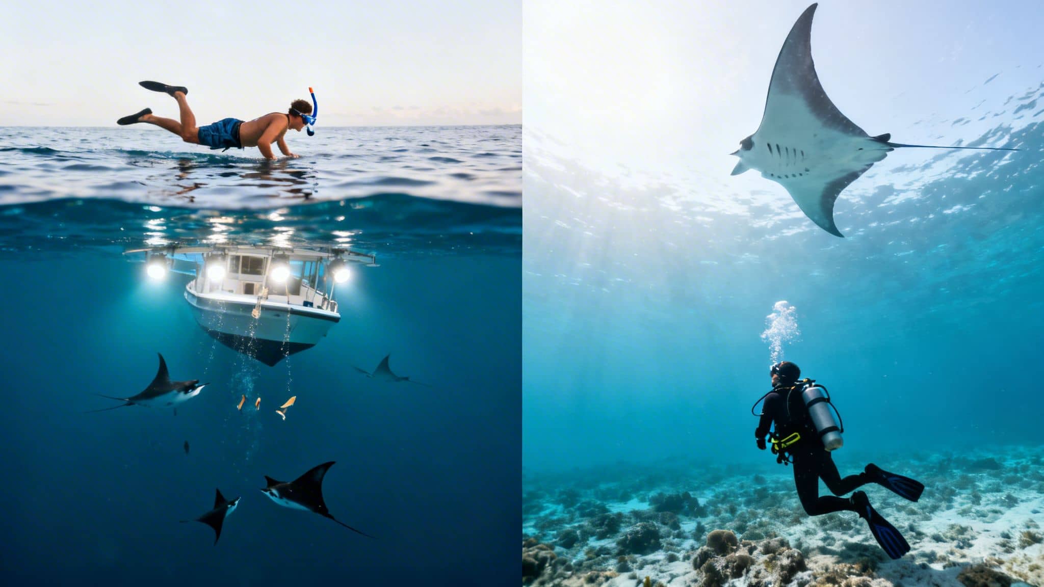 A split image of a snorkeler and eagle rays below a boat, alongside a diver with a majestic manta ray.