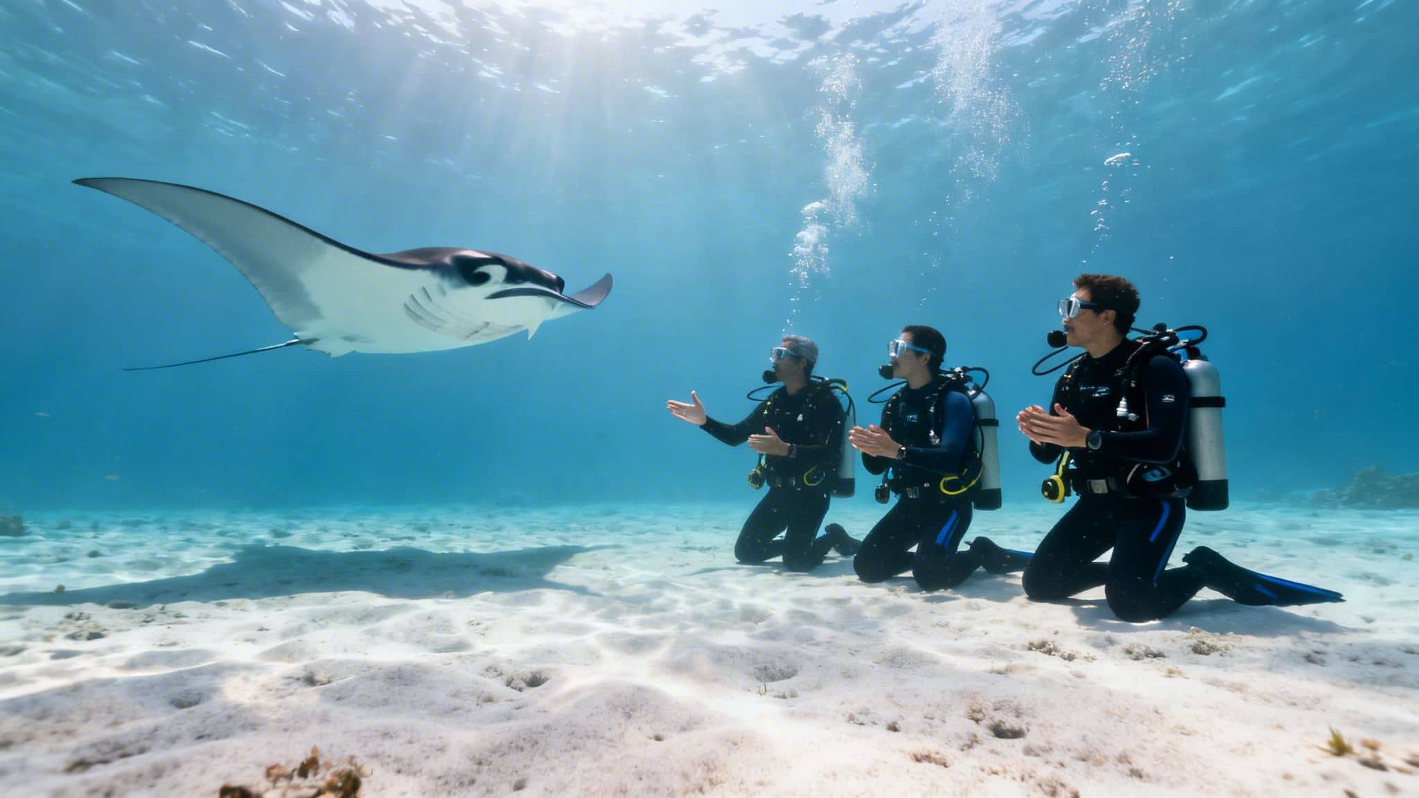 Scuba divers kneel on a sandy seabed, observing a majestic manta ray swimming gracefully overhead.