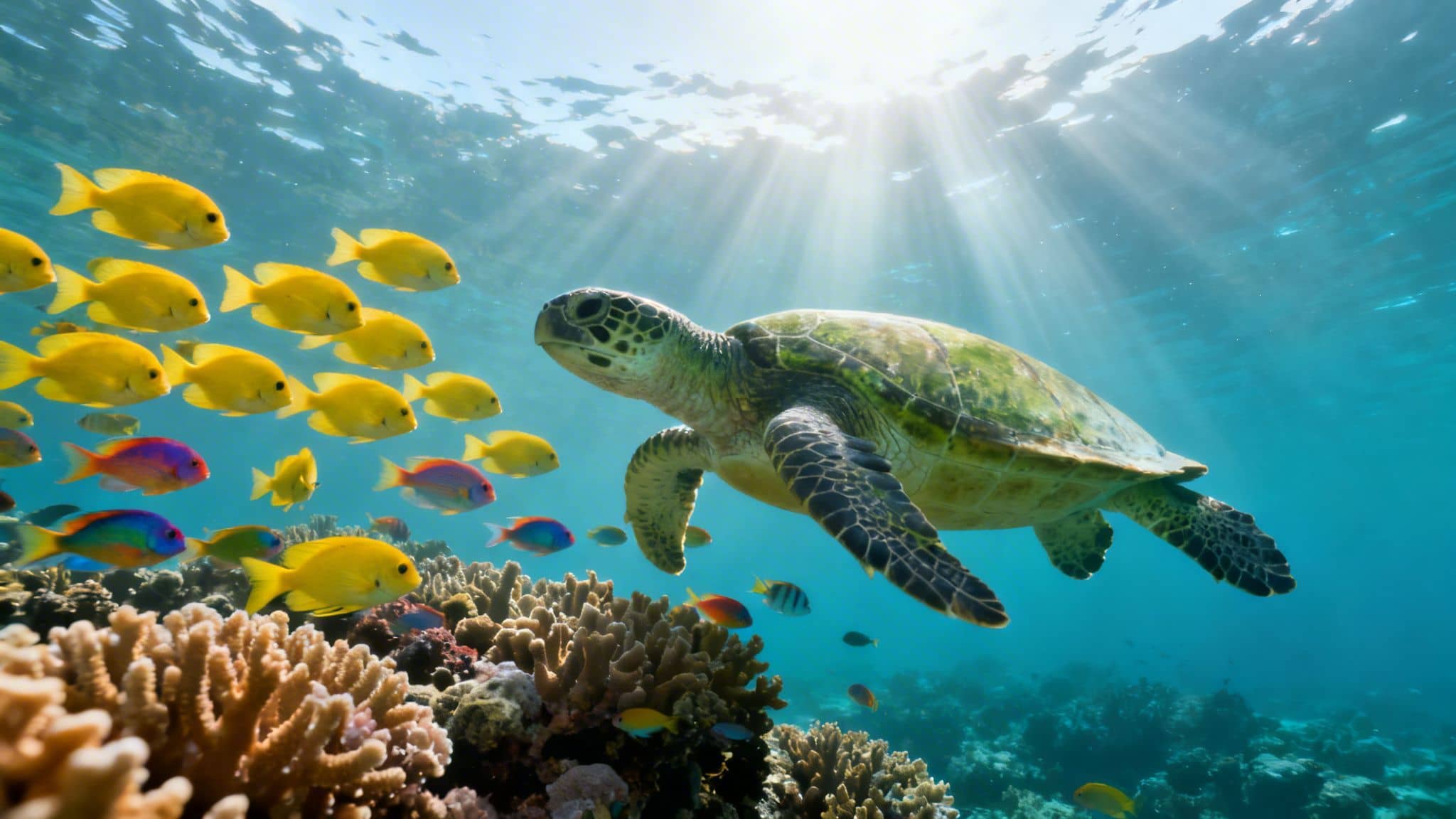 A majestic sea turtle swims through a vibrant coral reef with colorful fish and sun rays.