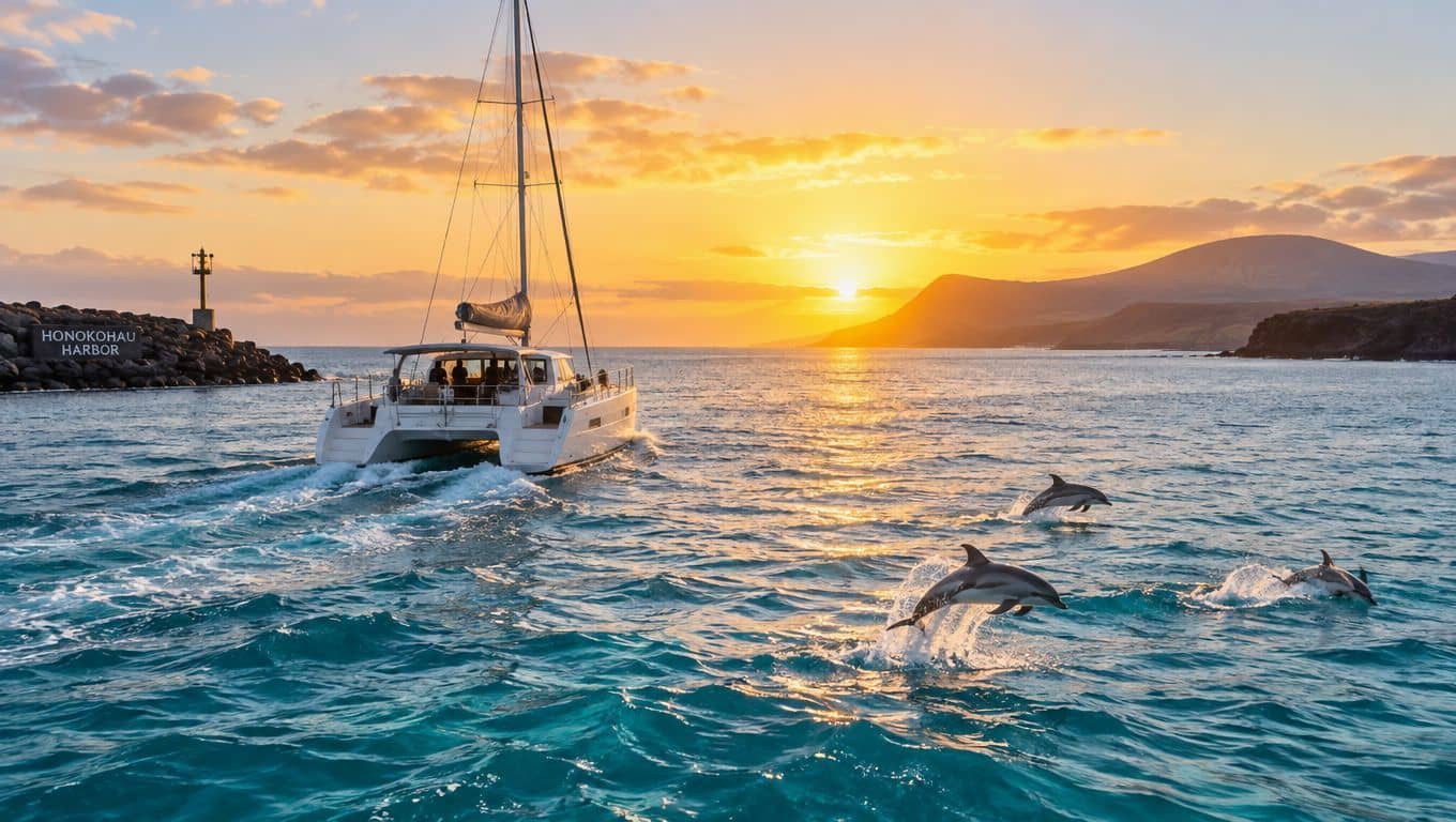 A catamaran sailing out of Honokohau Harbor at sunset with a pod of dolphins jumping nearby.