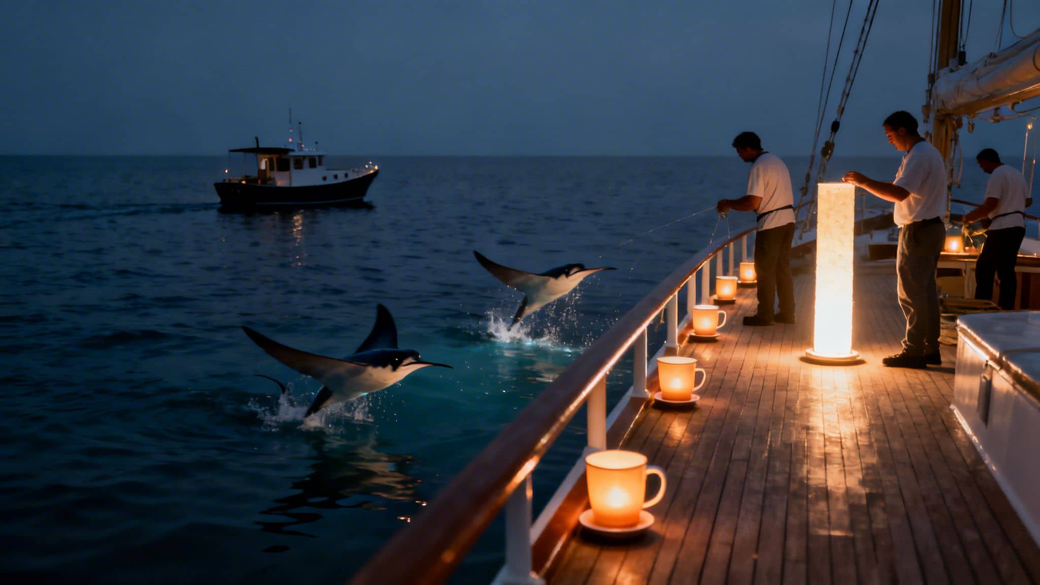 Two manta rays leap from the ocean beside a boat, where men fish amidst glowing lanterns at night.