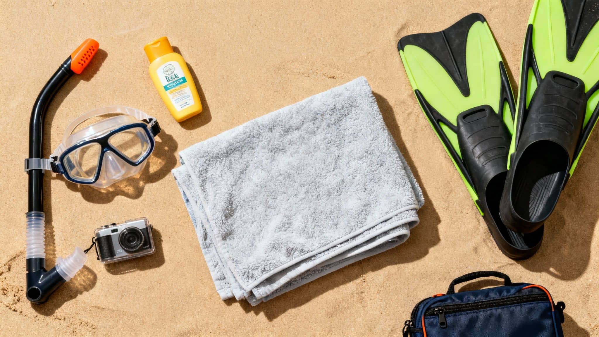 Snorkeling gear and beach essentials including mask, snorkel, fins, sunscreen, and camera on sand.