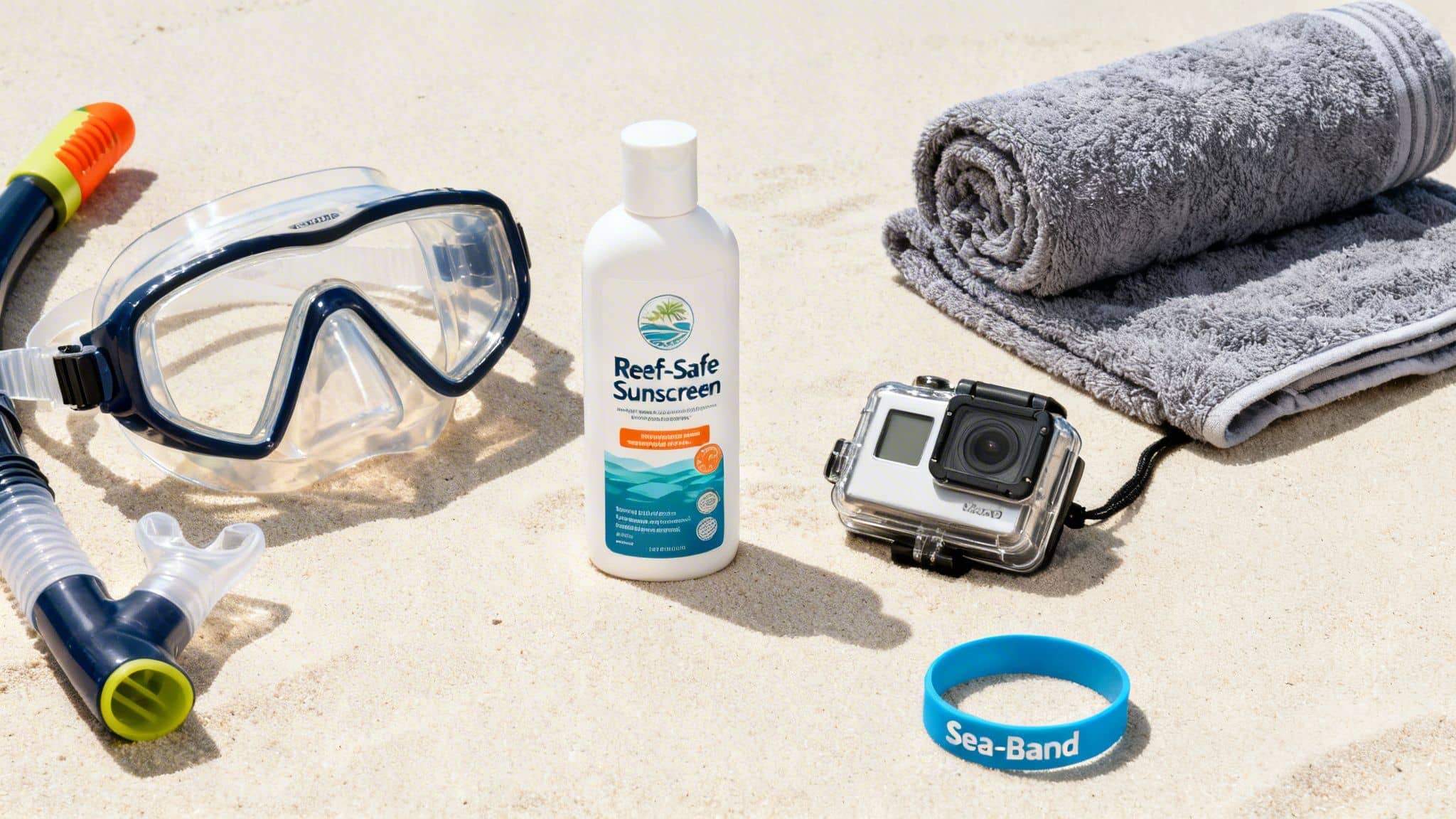 Snorkeling mask, snorkel, reef-safe sunscreen, GoPro, towel, and wristband on a beach.