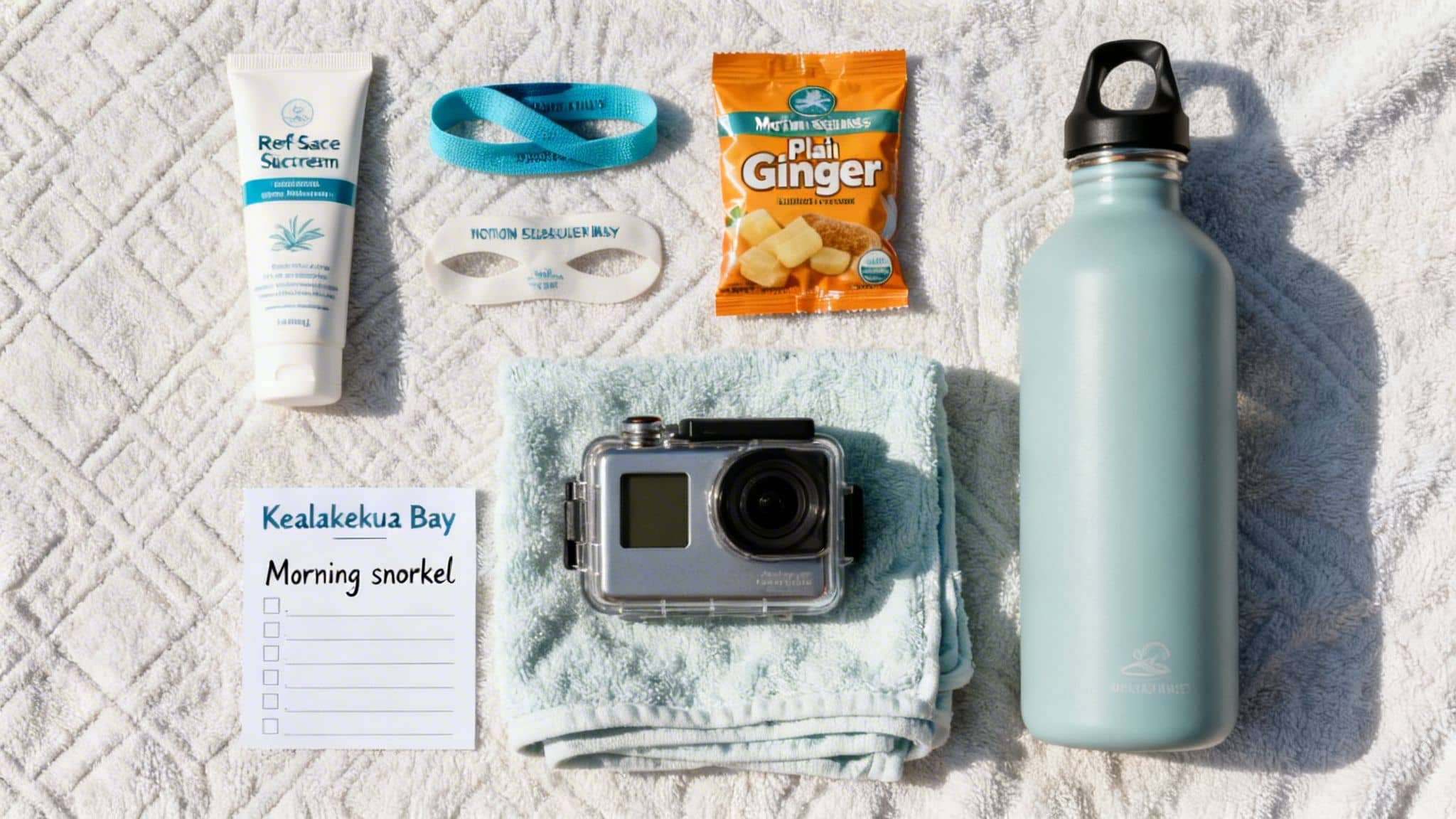 Flat lay of snorkeling essentials: sunscreen, water bottle, GoPro, ginger candy, and a Kealakekua Bay checklist.