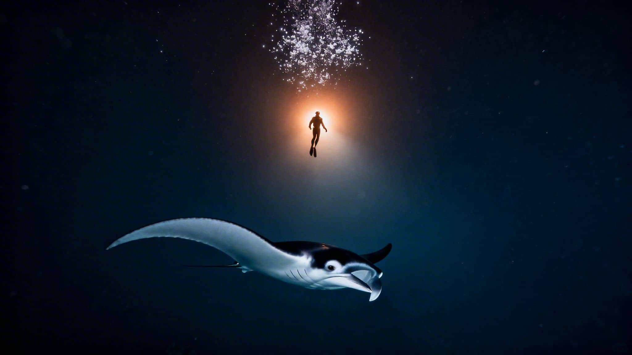 A freediver ascends towards a glowing light, observed by a majestic manta ray below in dark water.