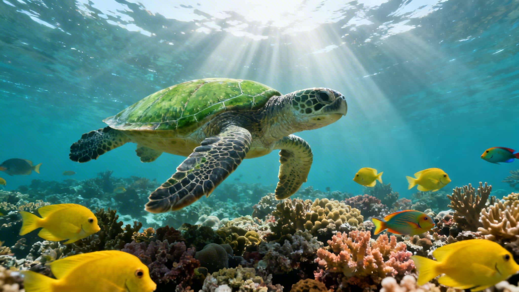A vibrant green sea turtle swims gracefully over a colorful coral reef with tropical fish and sun rays.