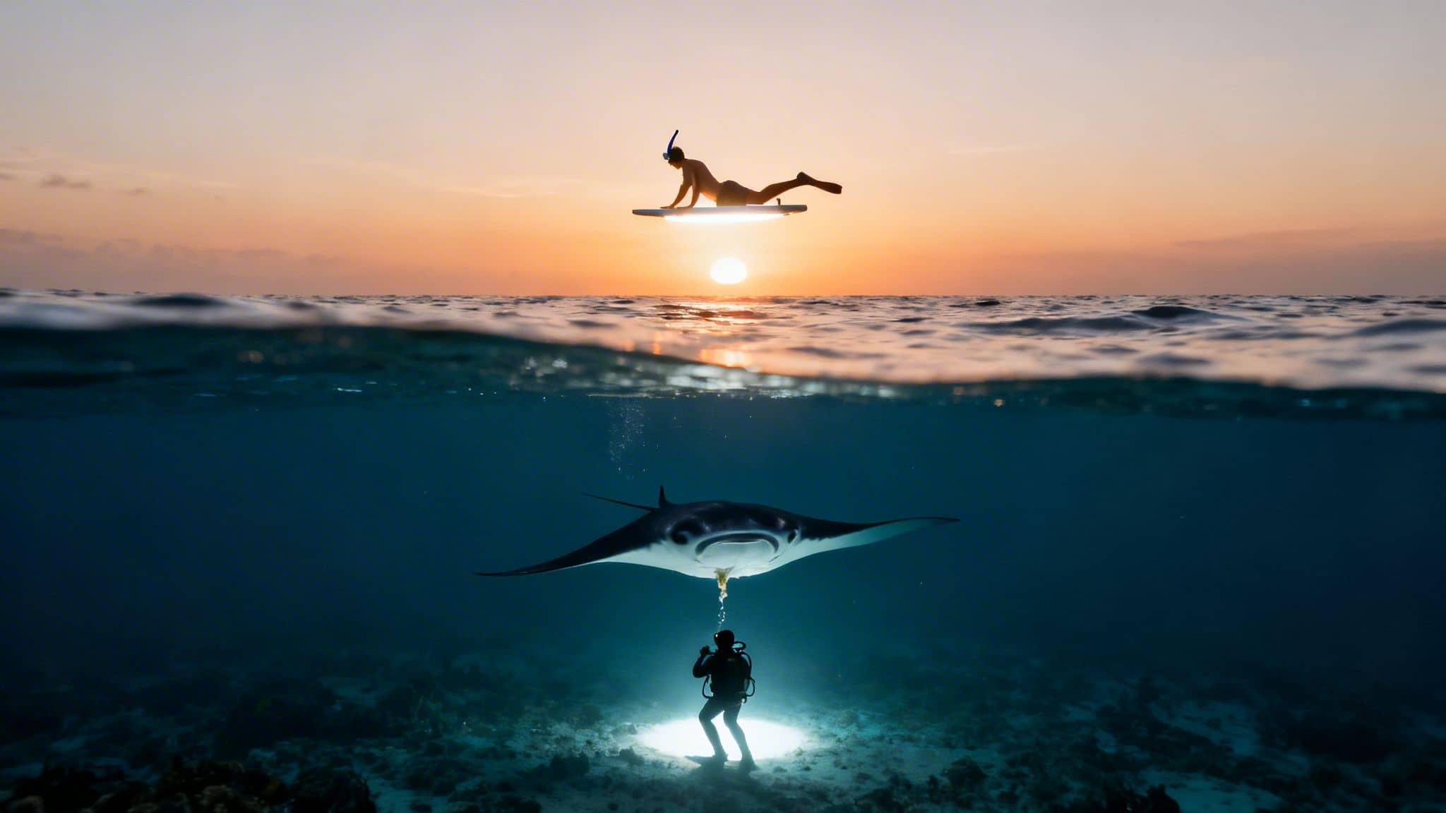 A diver illuminates a large manta ray underwater while a person paddles a glowing board at sunset.
