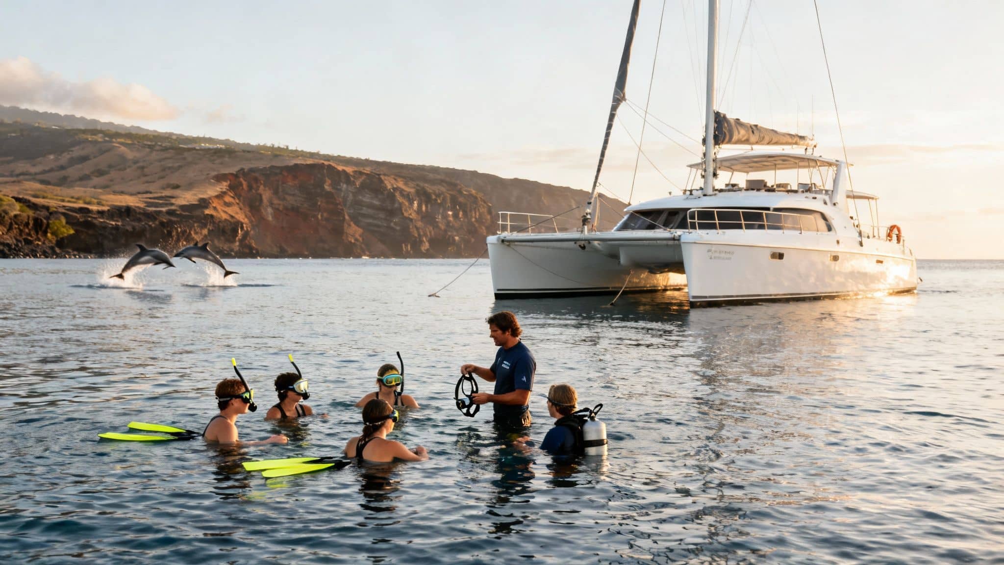 Snorkelers and a guide near a catamaran, with dolphins leaping from the ocean in front of a scenic coastline.