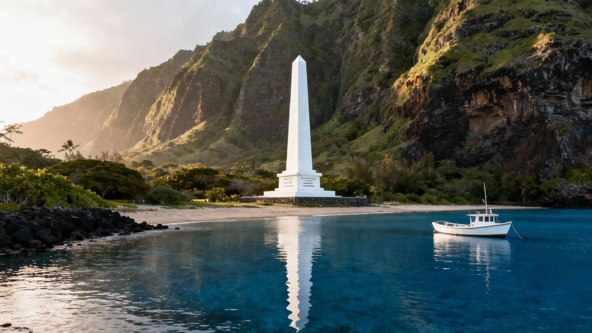 White Captain Cook monument on a tropical beach with green mountains and a small boat.