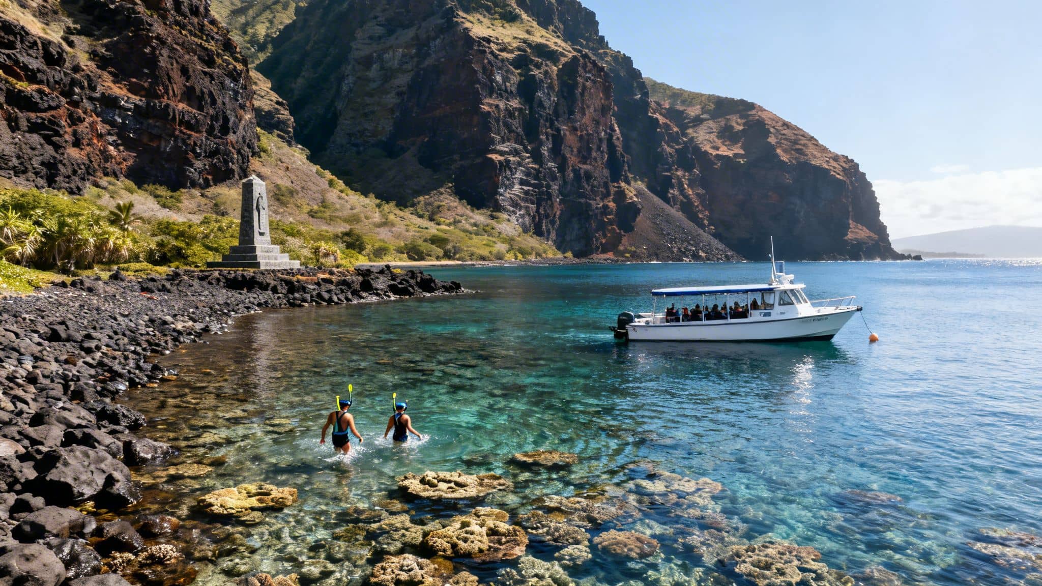 Snorkelers explore clear ocean waters near a boat, a historic monument, and dramatic volcanic cliffs.