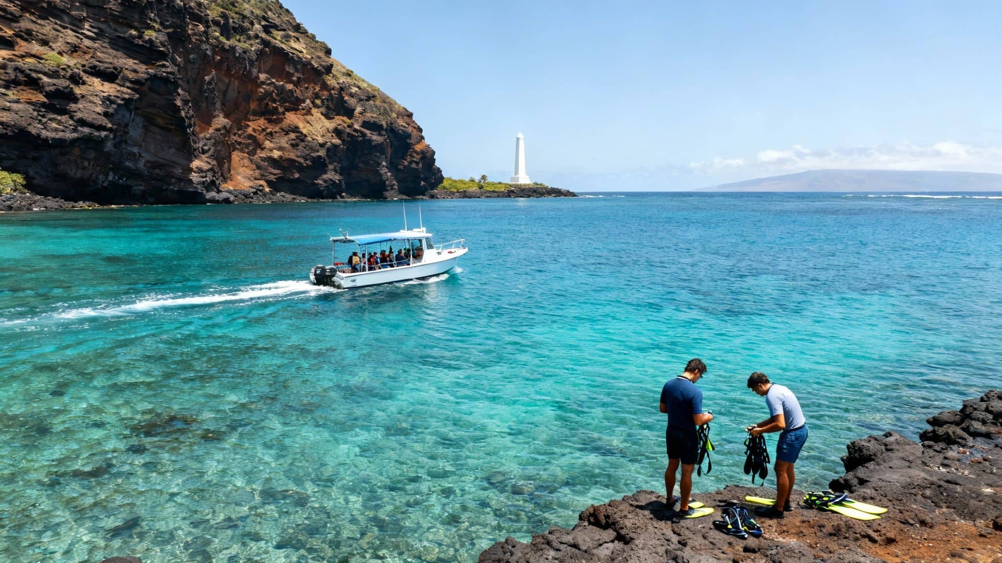 Two men prepare snorkeling gear on a rocky shore while a boat sails in clear blue Hawaiian waters.