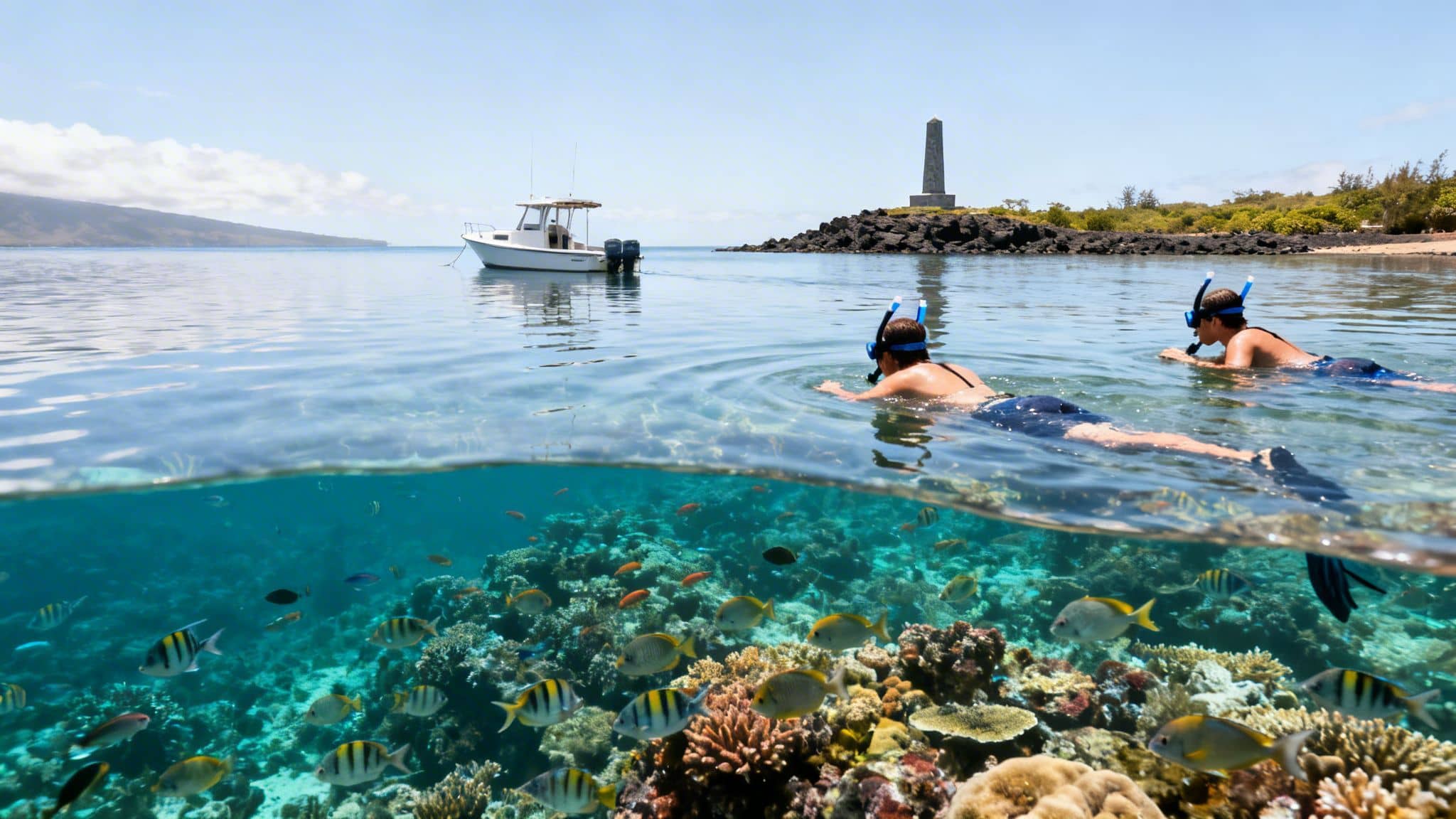 Two people snorkel in clear blue ocean above vibrant coral reefs and colorful fish, with a boat and monument.